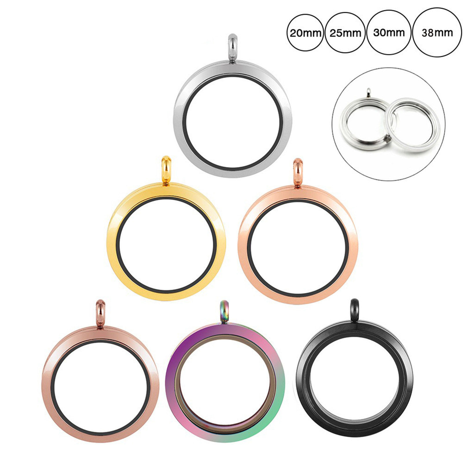 Picture of Titanium Steel & Glass Floating Living Memory Locket Charms Multicolor Round Can Open