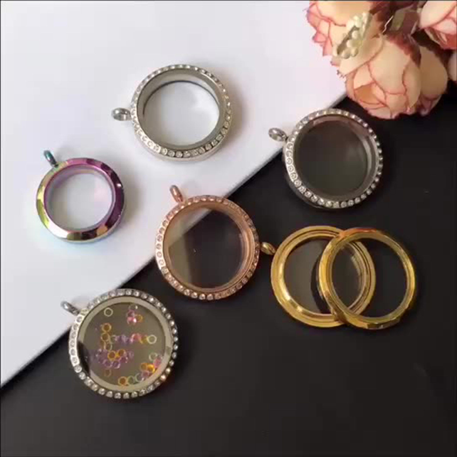 Picture of Titanium Steel & Glass Floating Living Memory Locket Charms Multicolor Round Can Open
