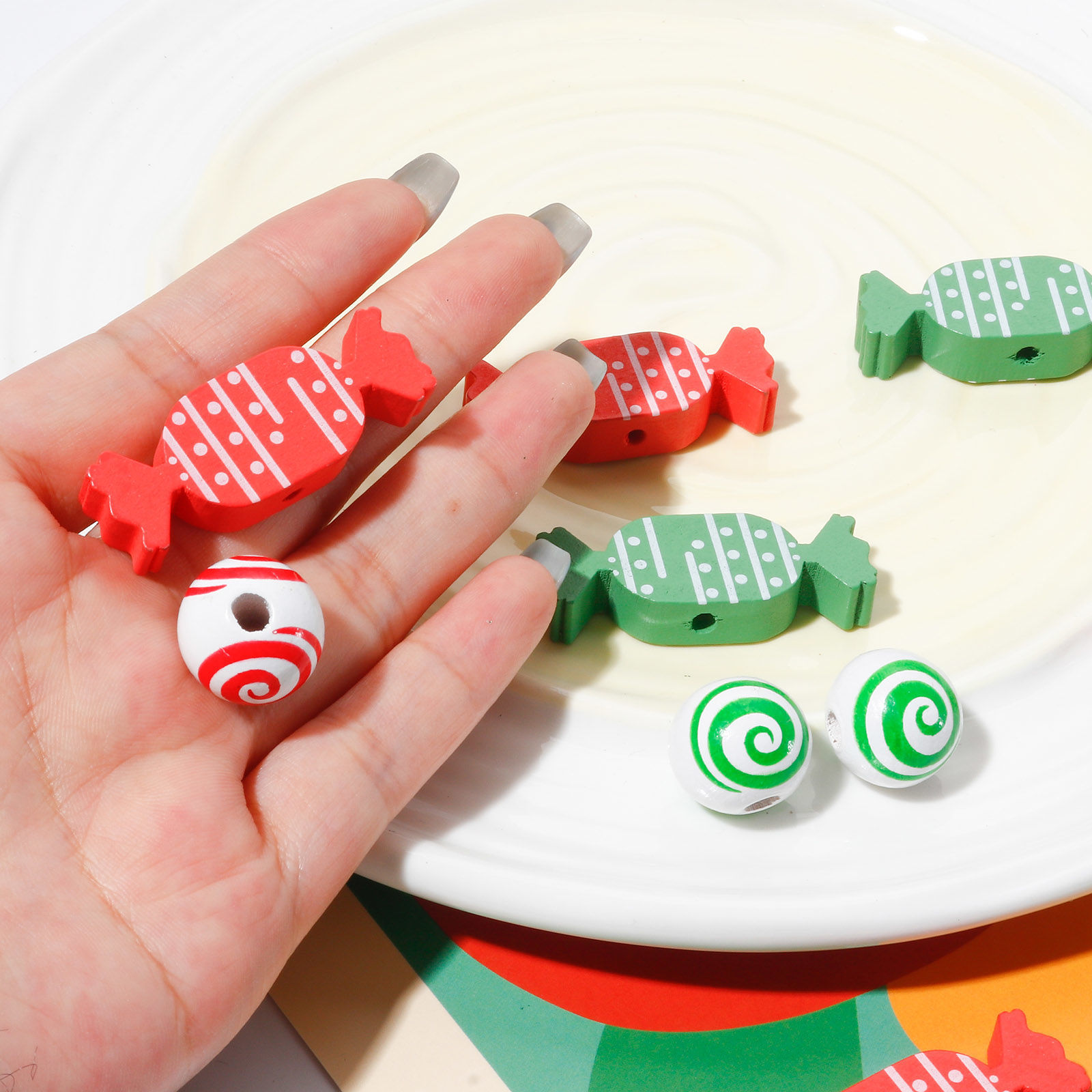 Picture of Natural Wood Christmas Spacer Beads Candy Multicolor