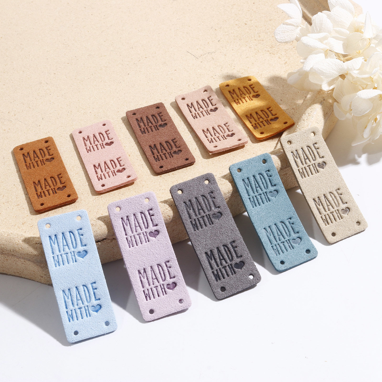 Picture of PU Label Tags Rectangle Multicolor Heart Pattern " Made With Love " Faux Suede 5cm x 2cm 