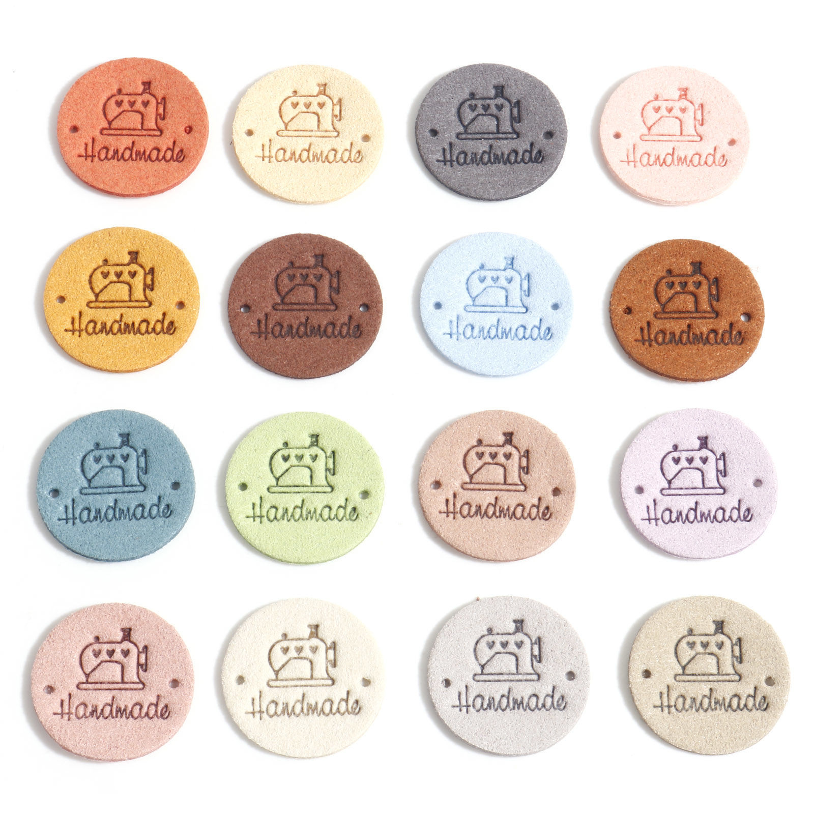Picture of PU Label Tags Round Multicolor Sewing Machine Pattern " Hand Made " Faux Suede 25mm Dia.