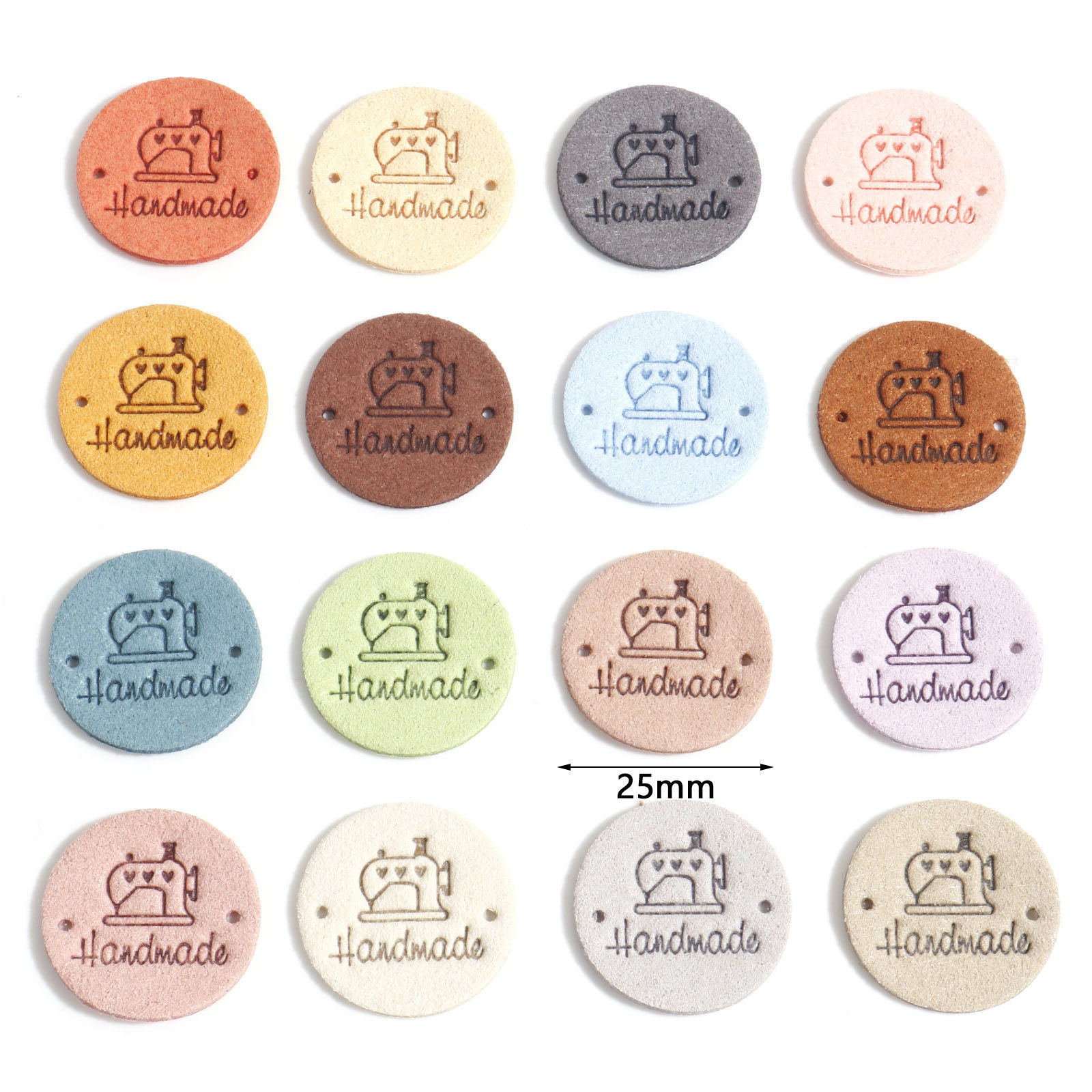 Picture of PU Label Tags Round Multicolor Sewing Machine Pattern " Hand Made " Faux Suede 25mm Dia.