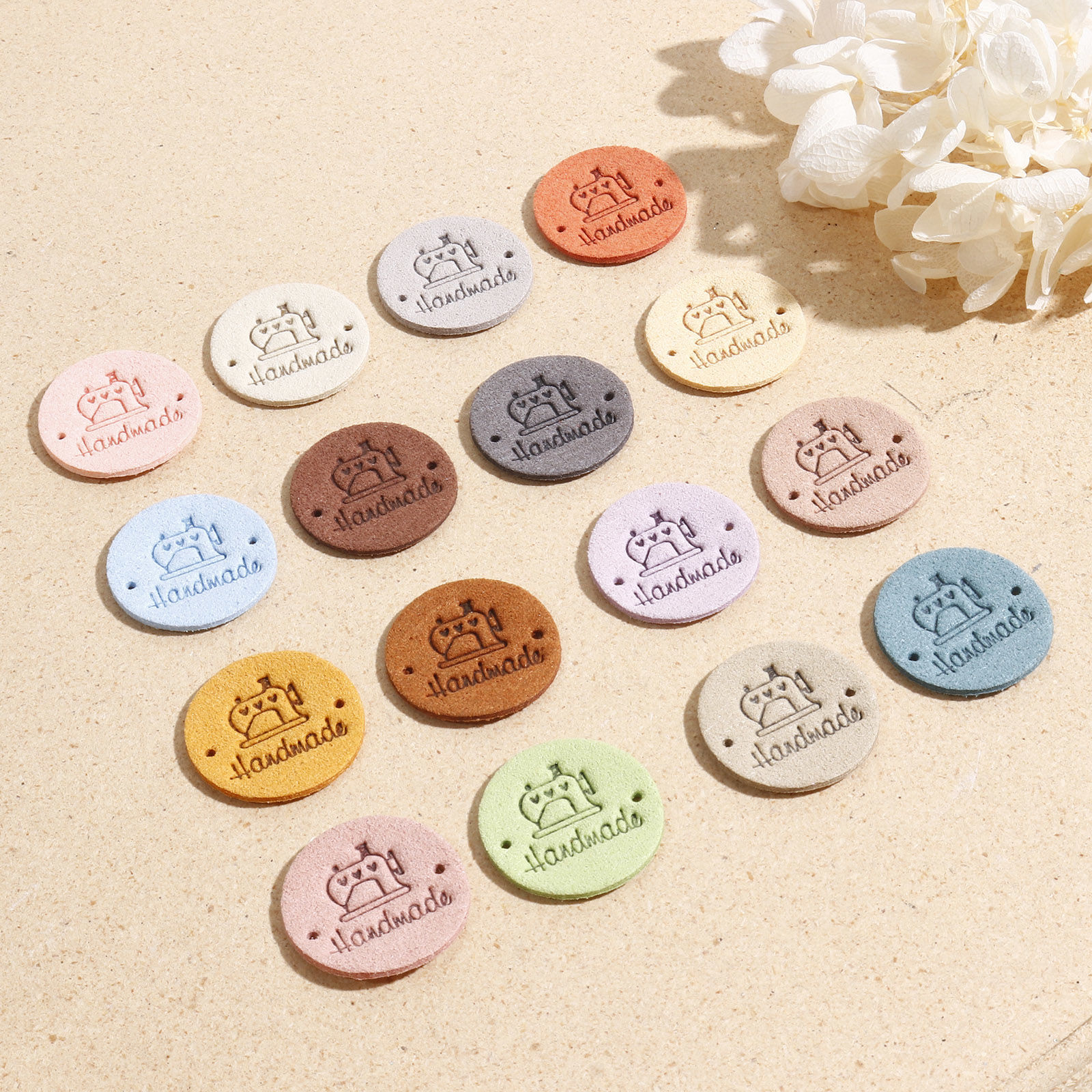 Picture of PU Label Tags Round Multicolor Sewing Machine Pattern " Hand Made " Faux Suede 25mm Dia.
