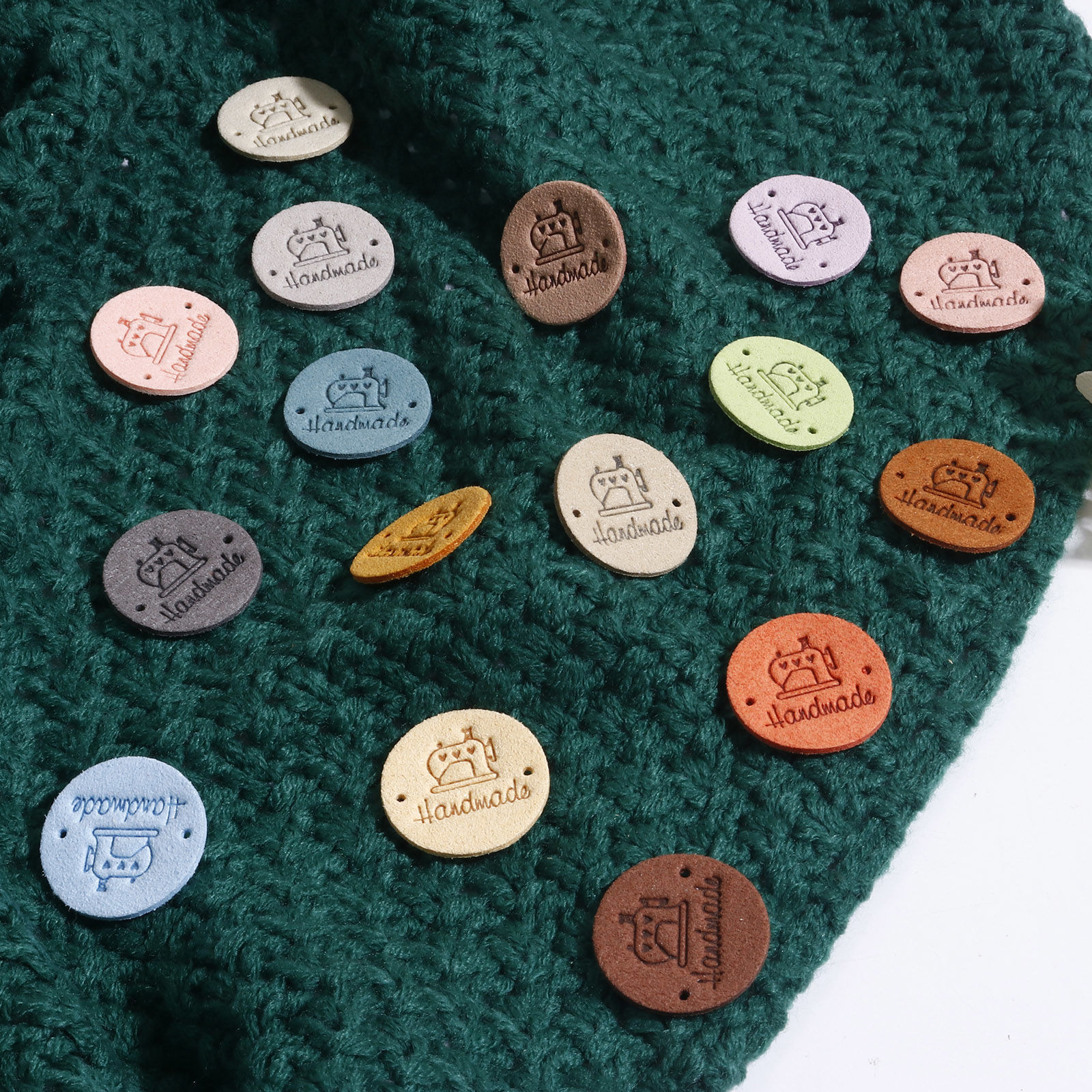 Picture of PU Label Tags Round Multicolor Sewing Machine Pattern " Hand Made " Faux Suede 25mm Dia.