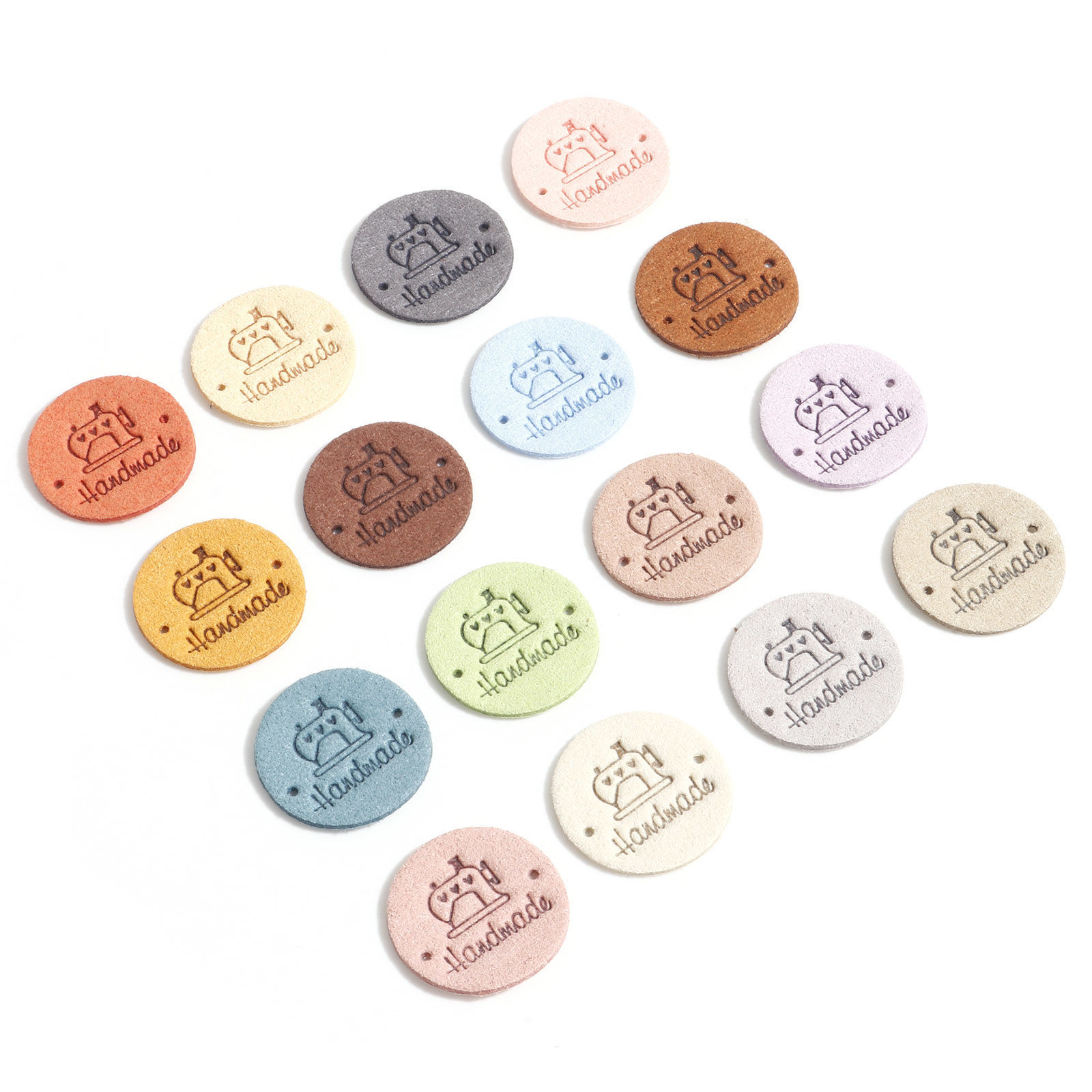 Picture of PU Label Tags Round Multicolor Sewing Machine Pattern " Hand Made " Faux Suede 25mm Dia.