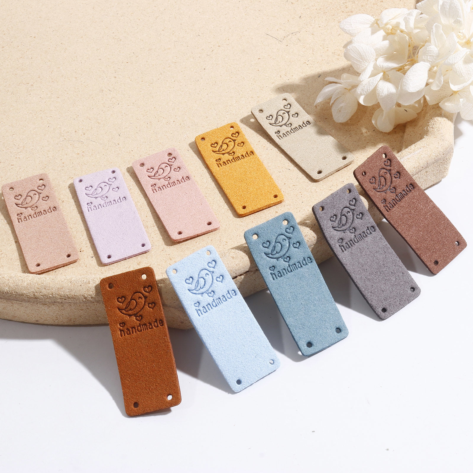 Picture of PU Label Tags Rectangle Multicolor Bird Pattern " Handmade " Faux Suede 5cm x 2cm 