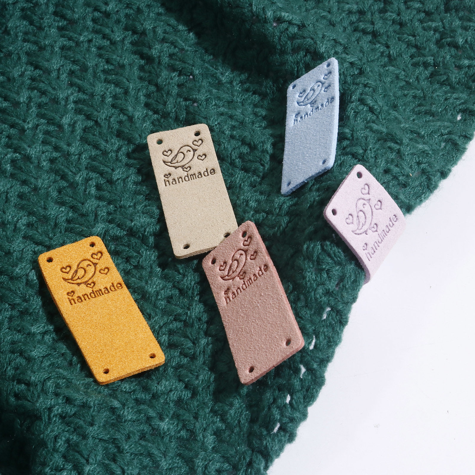Picture of PU Label Tags Rectangle Multicolor Bird Pattern " Handmade " Faux Suede 5cm x 2cm 