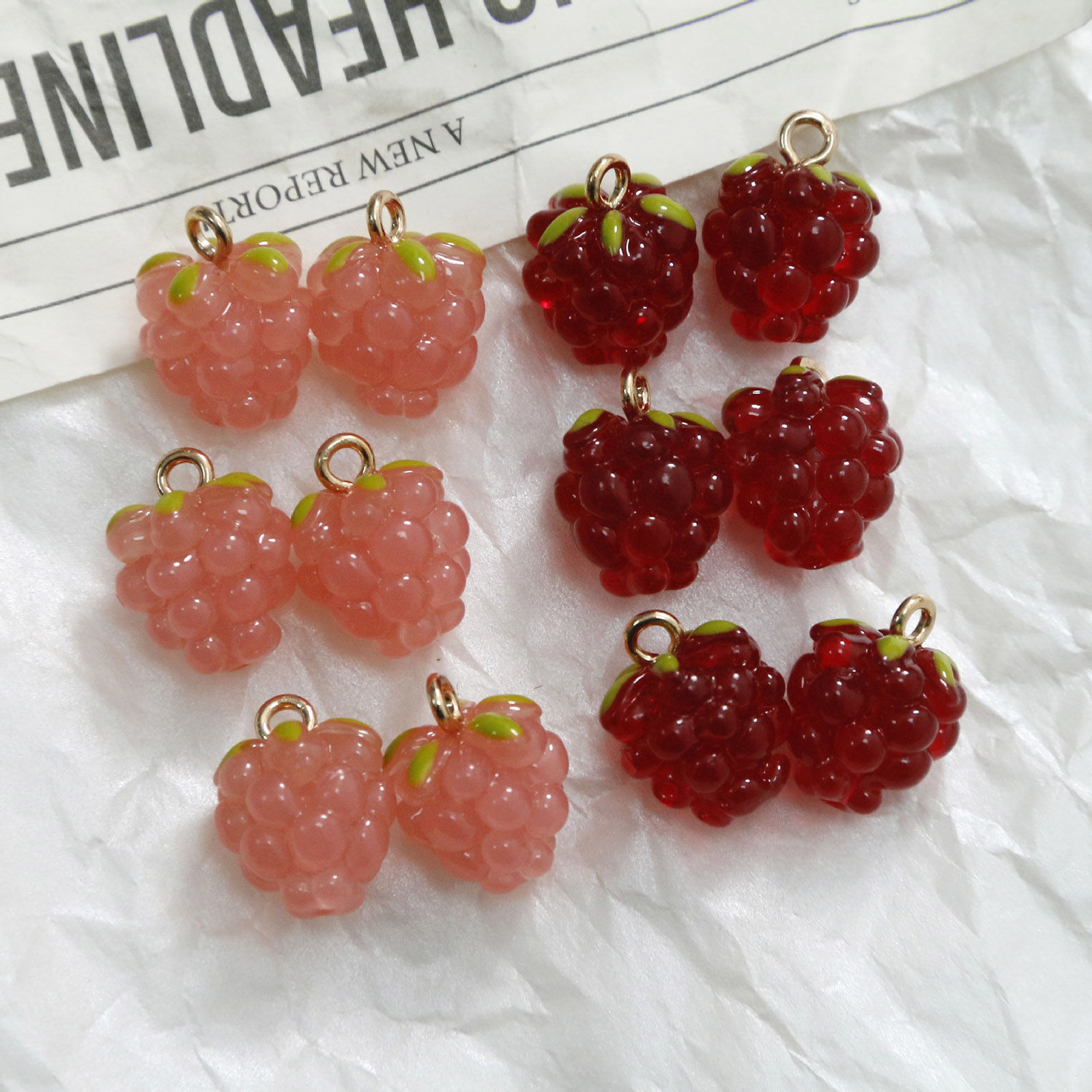Picture of 2 PCs Brass & Resin 3D Charms Wholesale, Raspberry Fruit Gold Plated Multicolor 15mm x 11mm
