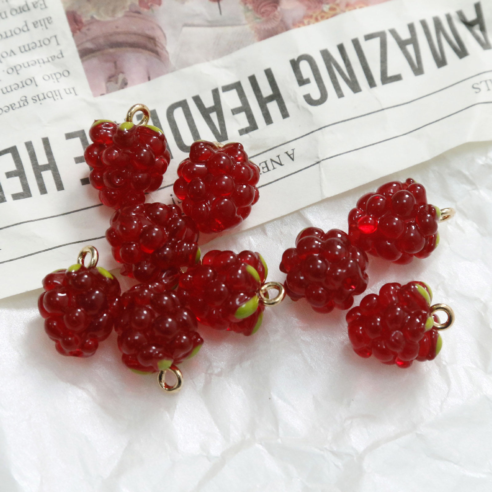 Picture of 2 PCs Brass & Resin 3D Charms Wholesale, Raspberry Fruit Gold Plated Multicolor 15mm x 11mm