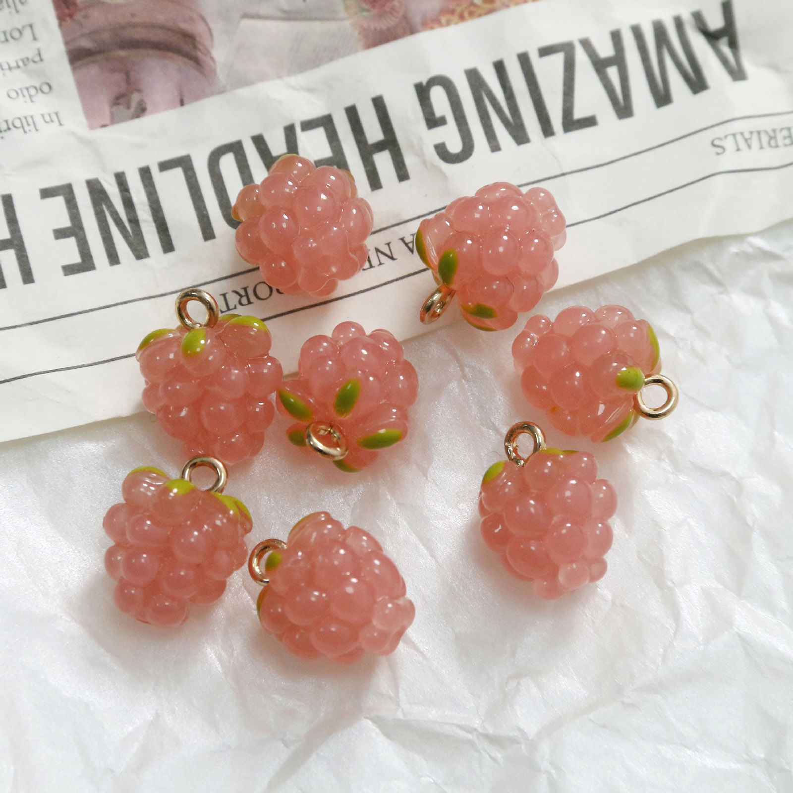 Picture of 2 PCs Brass & Resin 3D Charms Wholesale, Raspberry Fruit Gold Plated Multicolor 15mm x 11mm