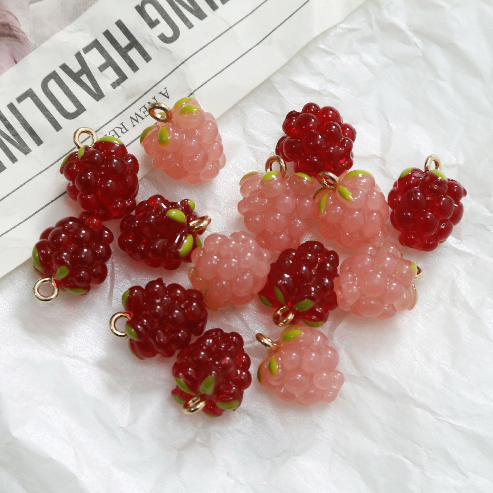 Picture of 2 PCs Brass & Resin 3D Charms Wholesale, Raspberry Fruit Gold Plated Multicolor 15mm x 11mm