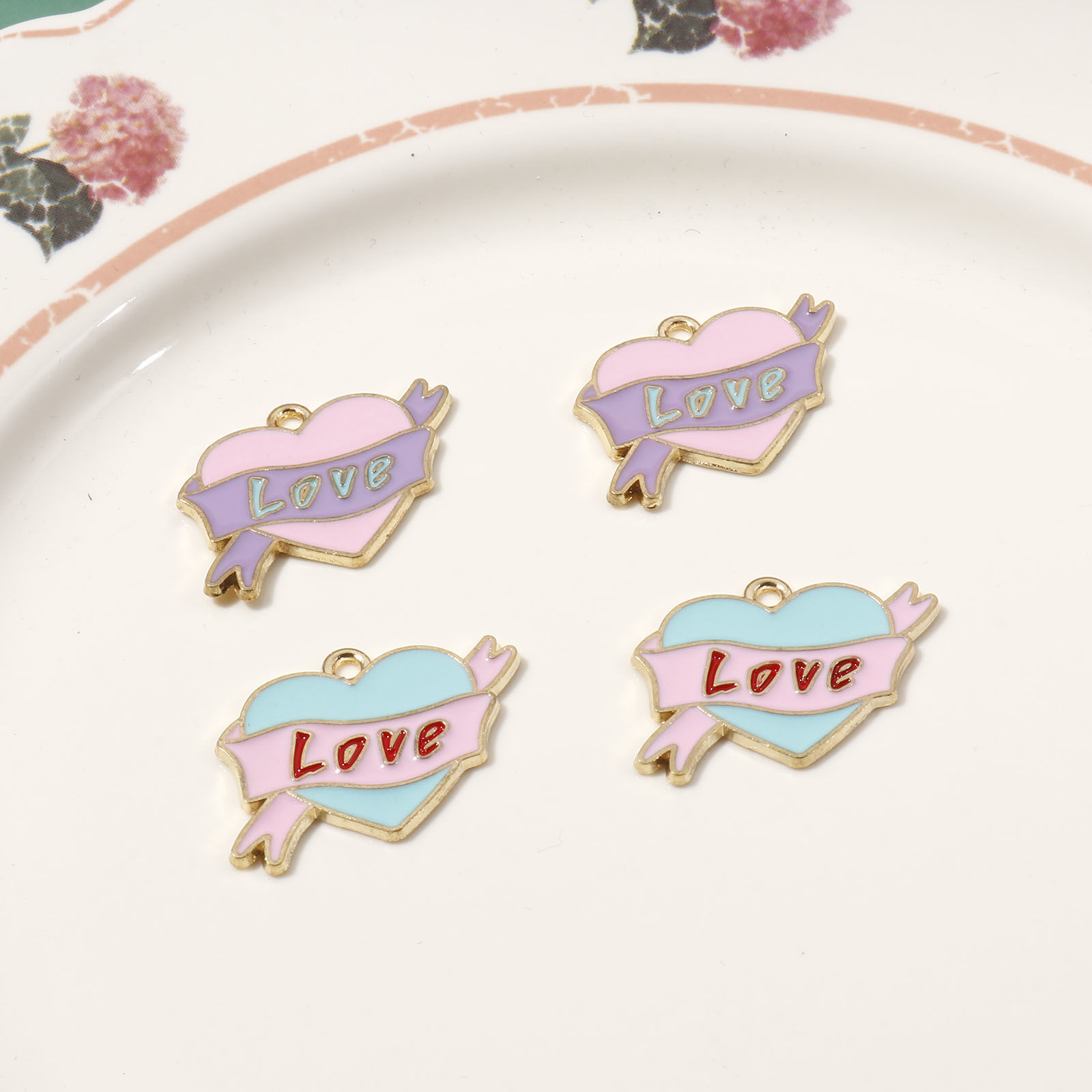 Picture of Zinc Based Alloy Valentine's Day Charms Gold Plated Multicolor Heart Ribbon Message " LOVE " Enamel 25mm x 19mm