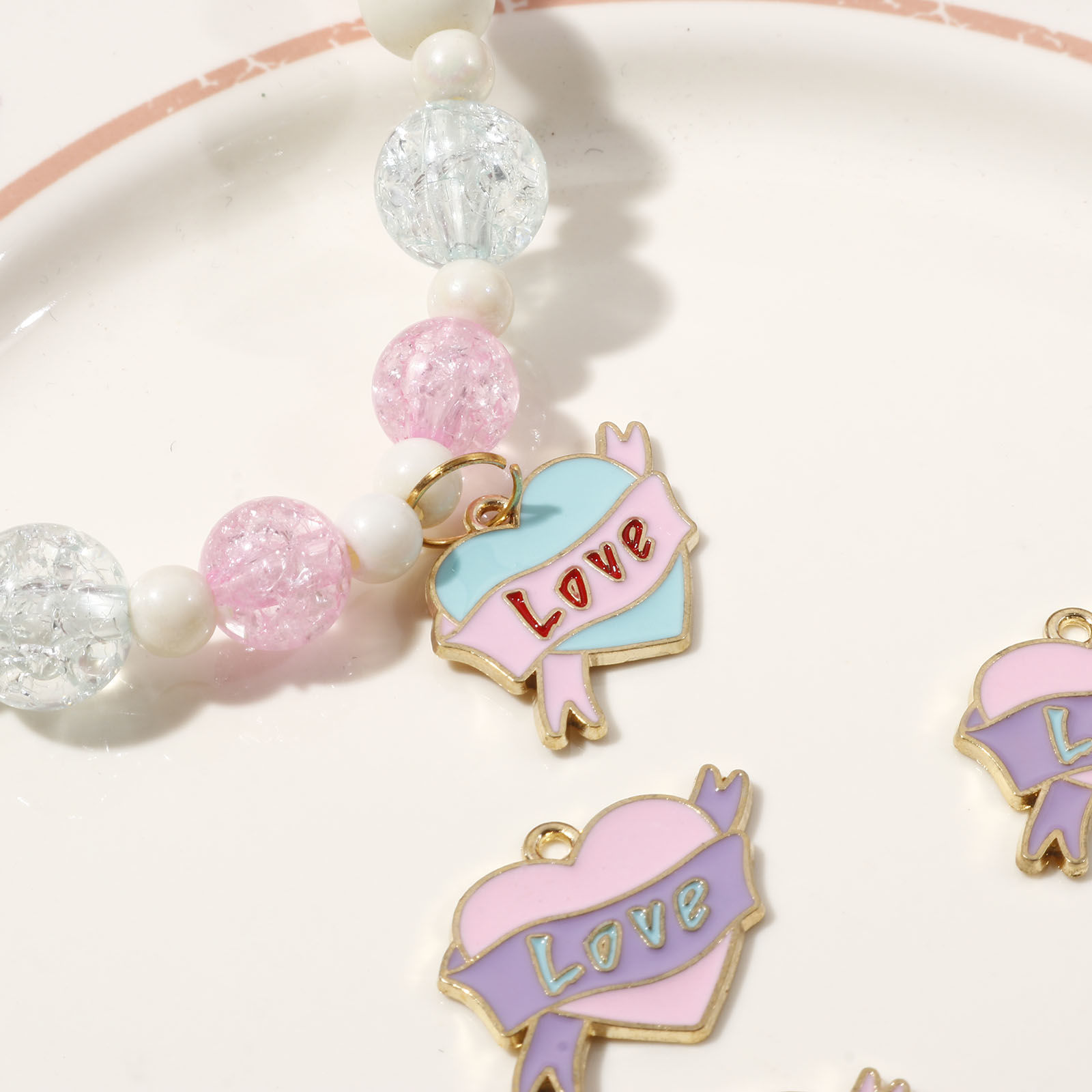 Picture of Zinc Based Alloy Valentine's Day Charms Gold Plated Multicolor Heart Ribbon Message " LOVE " Enamel 25mm x 19mm