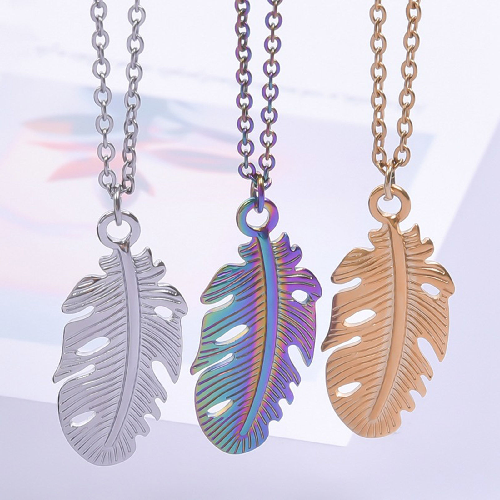 Picture of 304 Stainless Steel Charms Multicolor Feather 35mm x 15mm