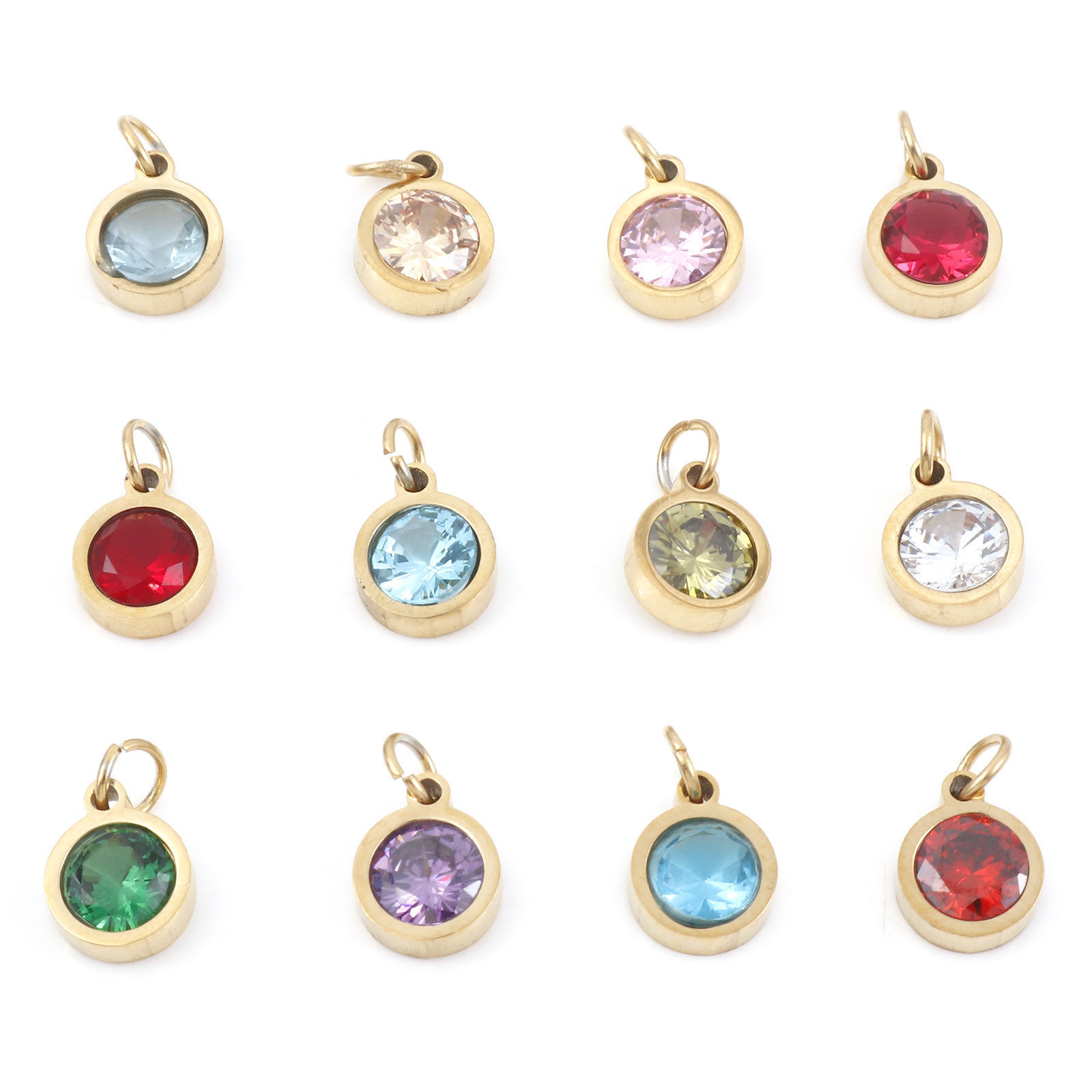 Picture of 304 Stainless Steel Charms Gold Plated Round Multicolour Cubic Zirconia 13mm x 8mm