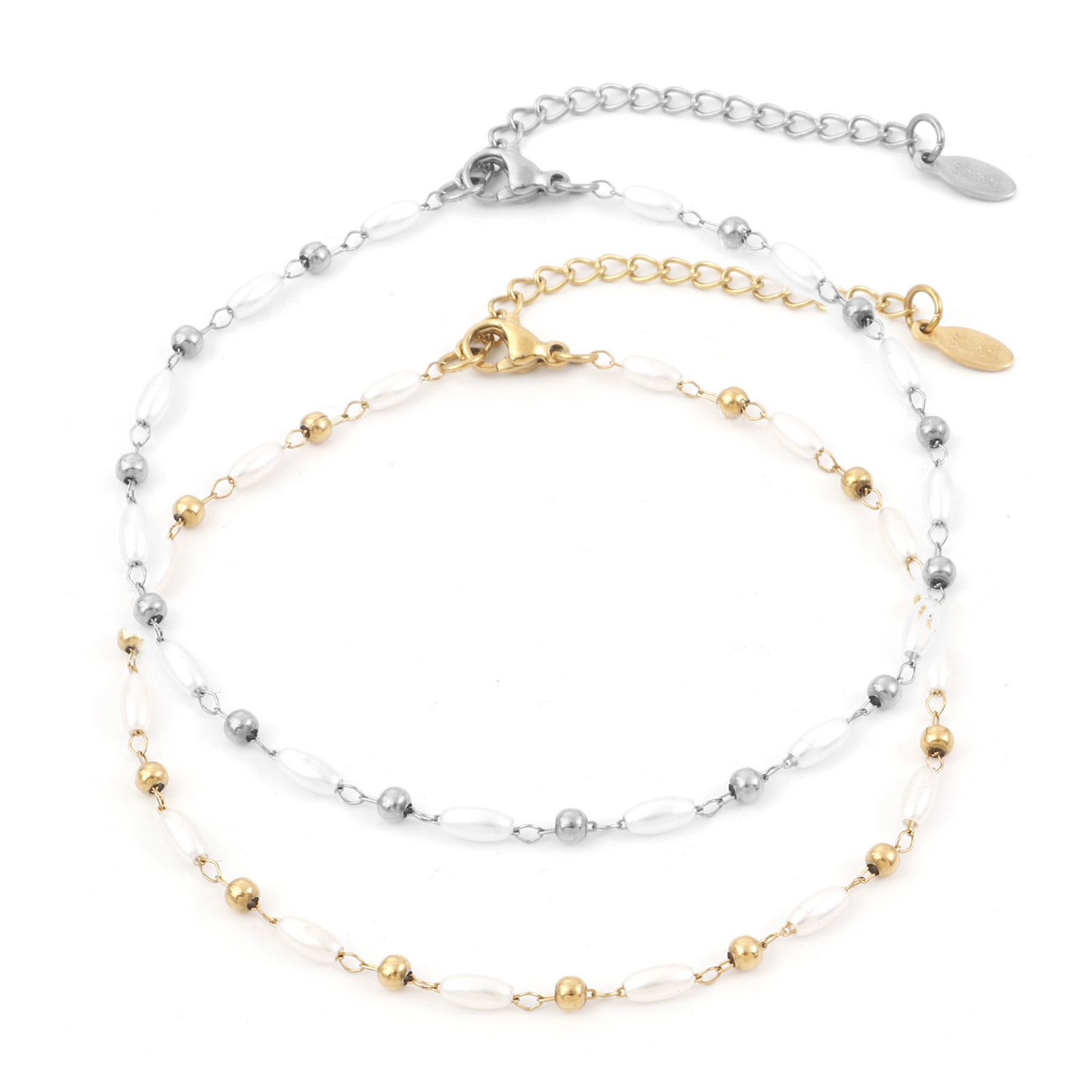 Picture of 1 Piece Vacuum Plating 304 Stainless Steel Simple Handmade Link Chain Anklet White Imitation Pearl 22.5cm(8 7/8") long