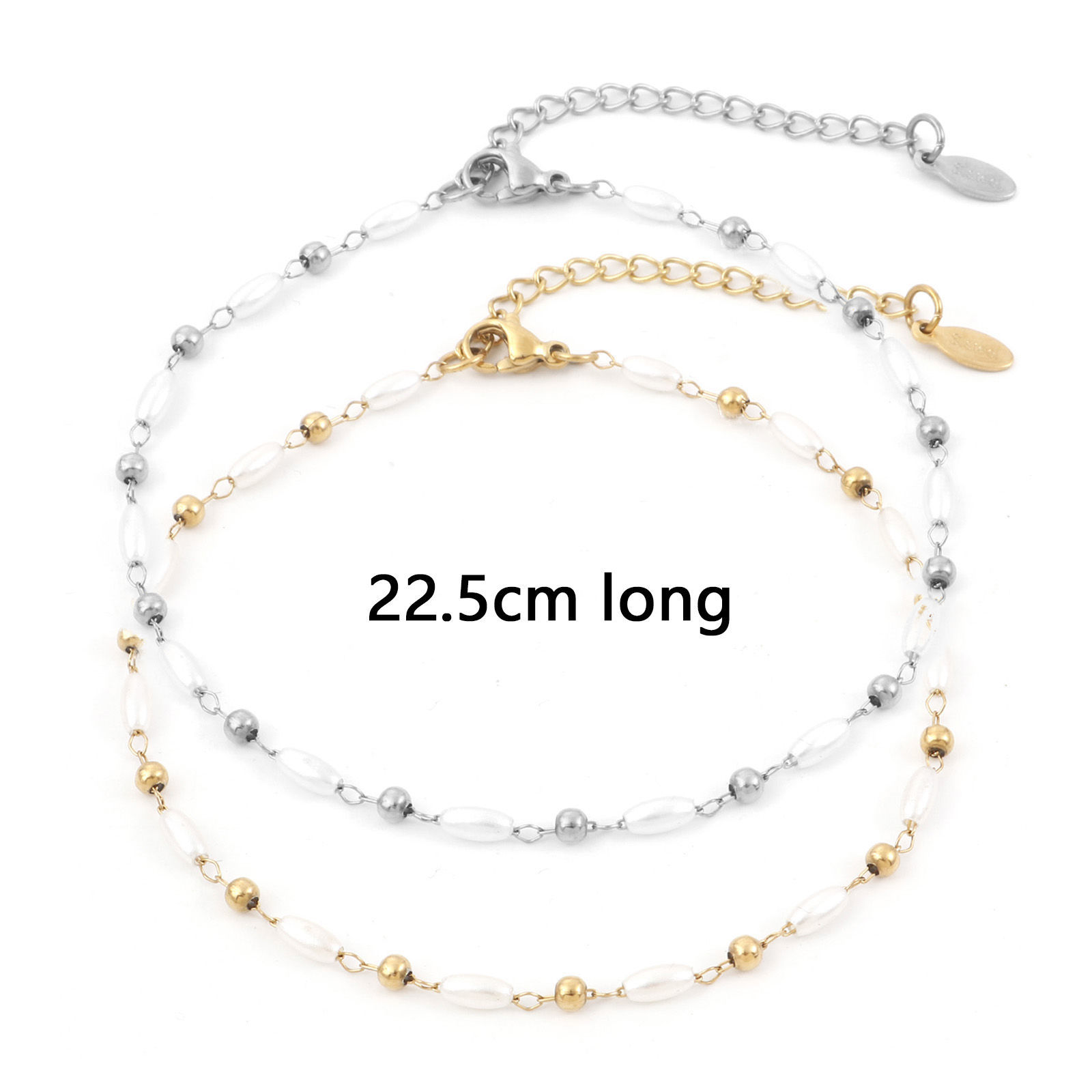 Picture of 1 Piece Vacuum Plating 304 Stainless Steel Simple Handmade Link Chain Anklet White Imitation Pearl 22.5cm(8 7/8") long