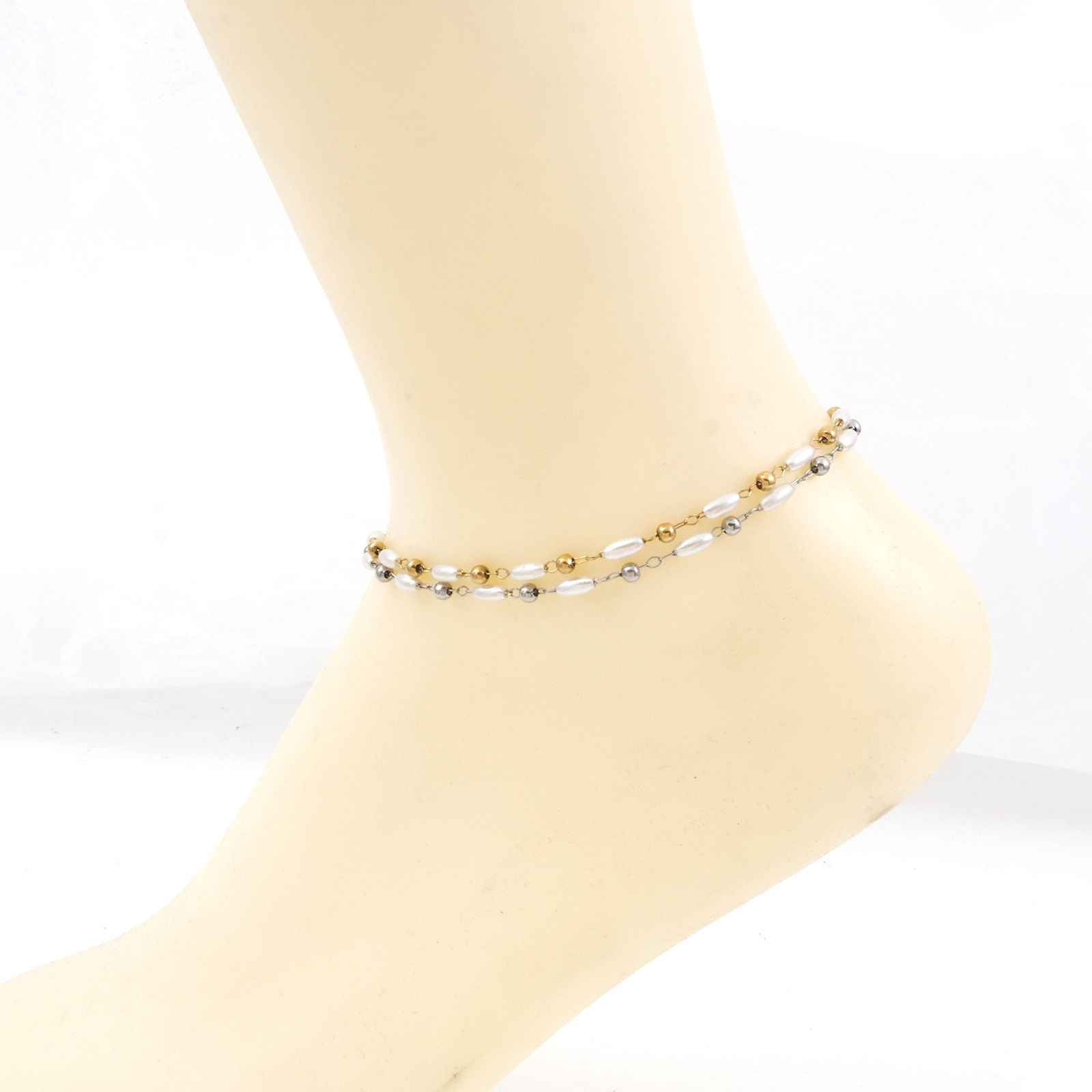 Picture of 1 Piece Vacuum Plating 304 Stainless Steel Simple Handmade Link Chain Anklet White Imitation Pearl 22.5cm(8 7/8") long