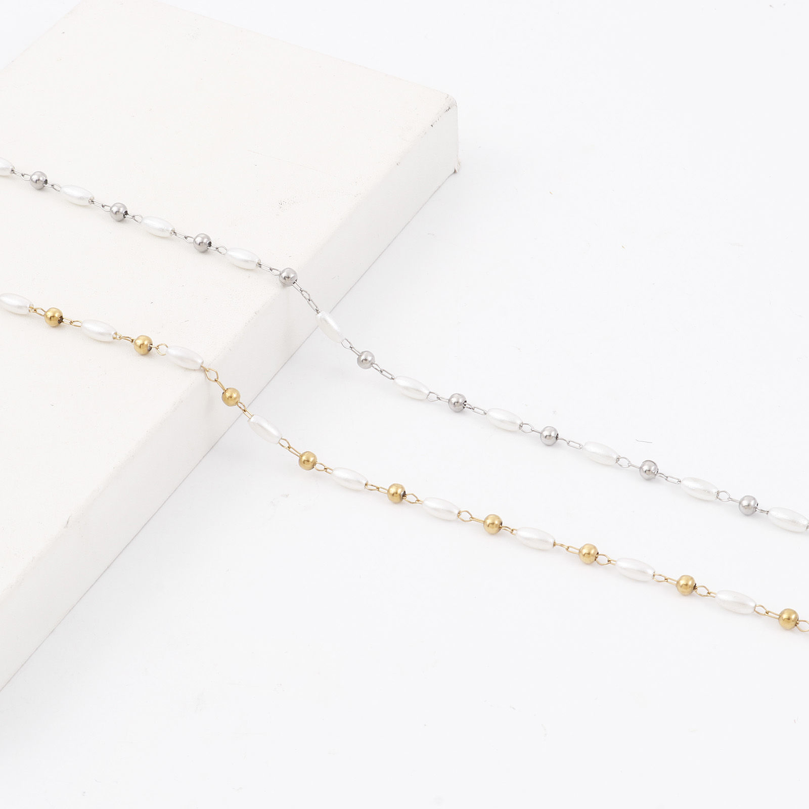 Picture of 1 Piece Vacuum Plating 304 Stainless Steel Simple Handmade Link Chain Anklet White Imitation Pearl 22.5cm(8 7/8") long