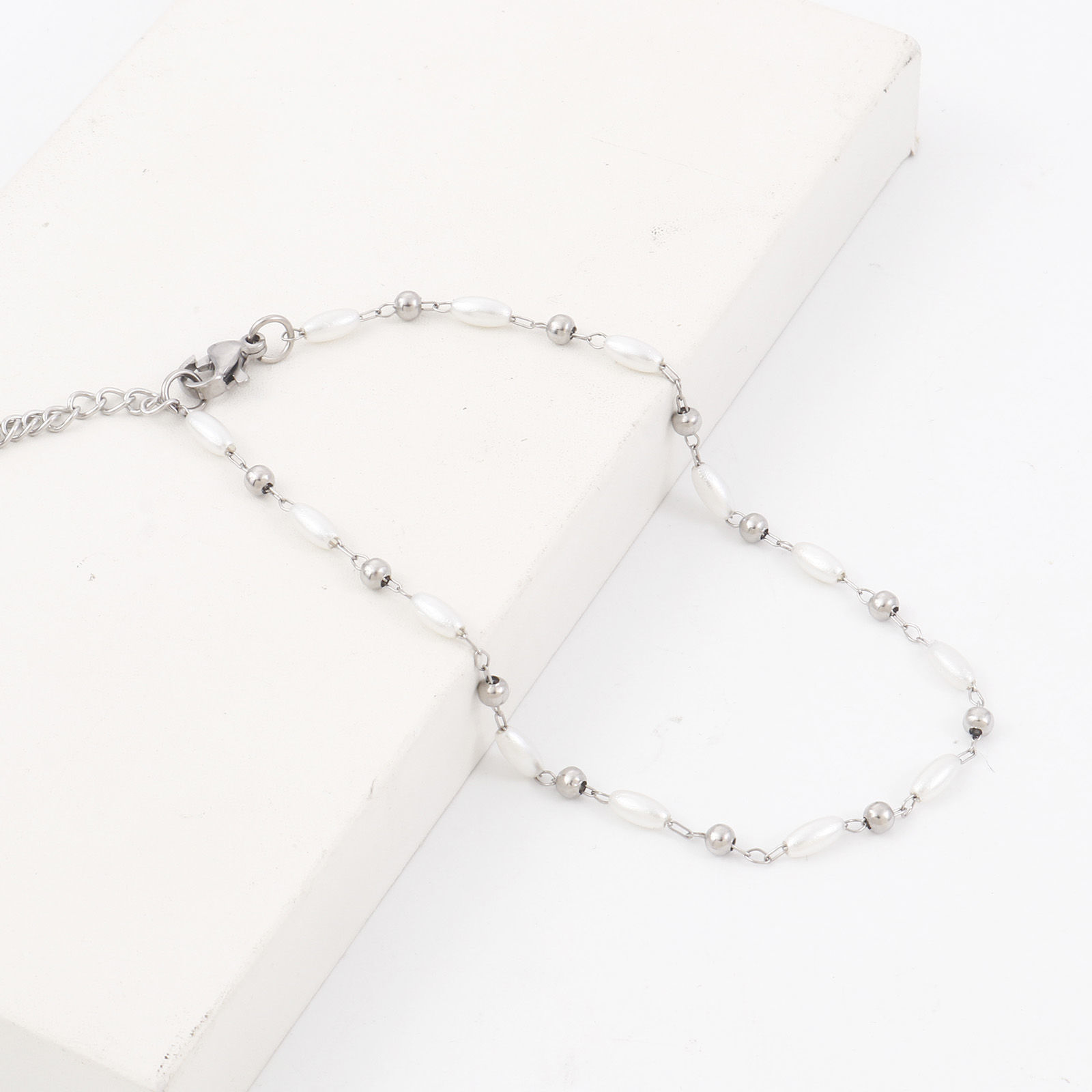Picture of 1 Piece Vacuum Plating 304 Stainless Steel Simple Handmade Link Chain Anklet White Imitation Pearl 22.5cm(8 7/8") long