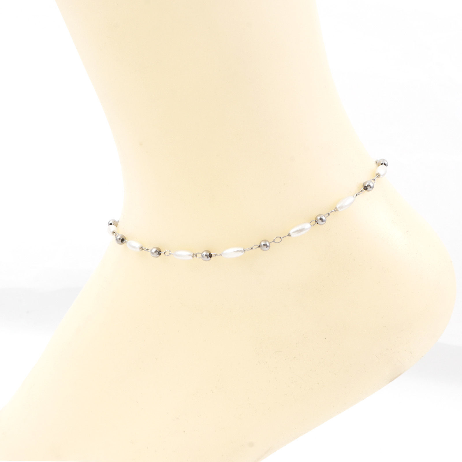 Picture of 1 Piece Vacuum Plating 304 Stainless Steel Simple Handmade Link Chain Anklet White Imitation Pearl 22.5cm(8 7/8") long