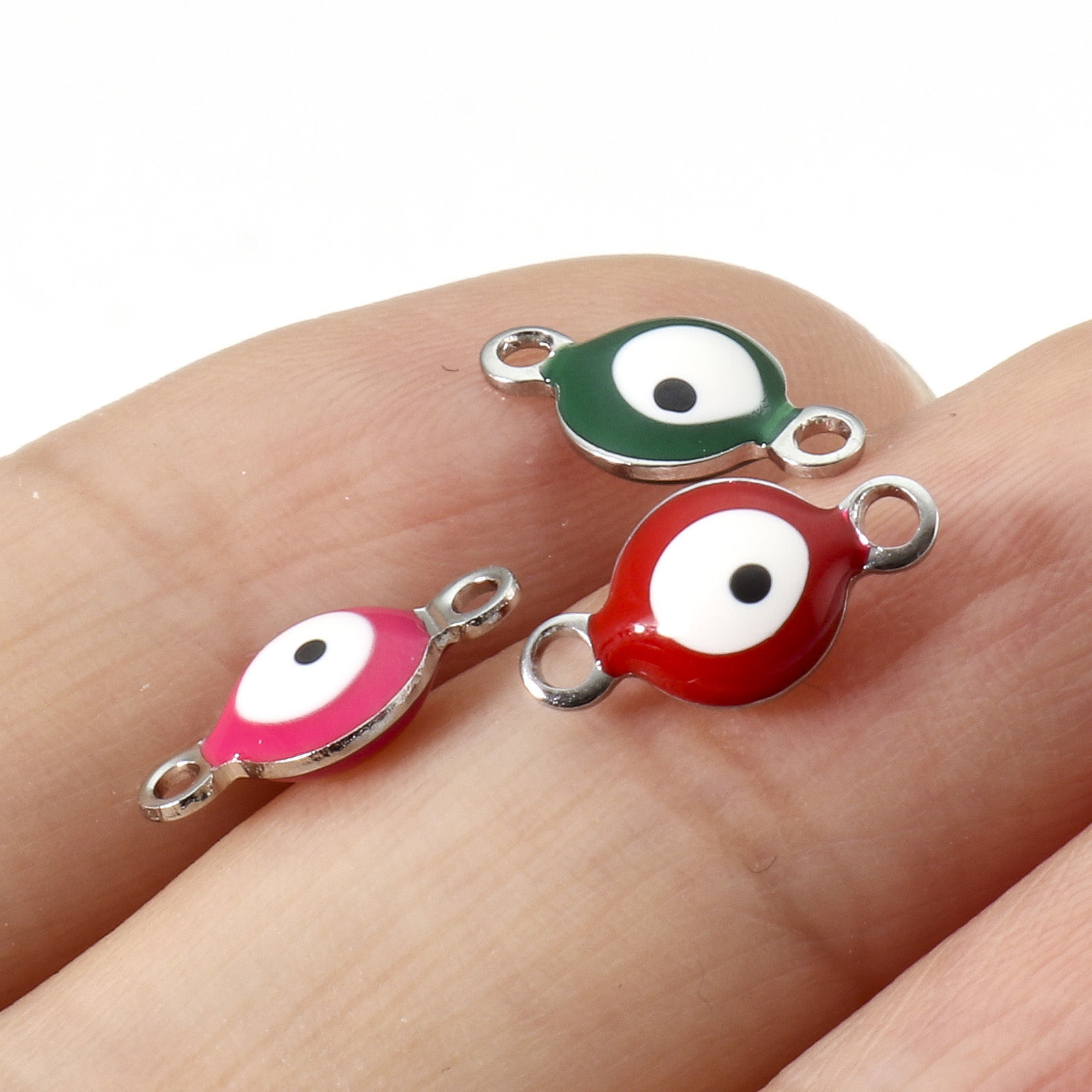 Picture of 304 Stainless Steel Religious Connectors Silver Tone Multicolor Round Evil Eye Double-sided Enamel 11mm x 6mm