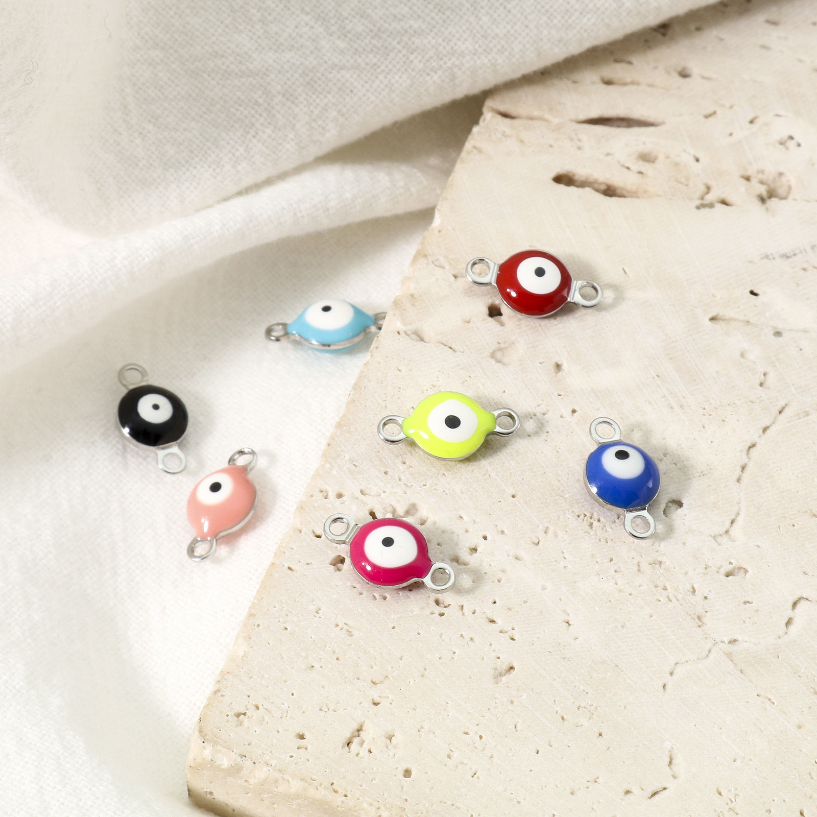 Picture of 304 Stainless Steel Religious Connectors Silver Tone Multicolor Round Evil Eye Double-sided Enamel 11mm x 6mm