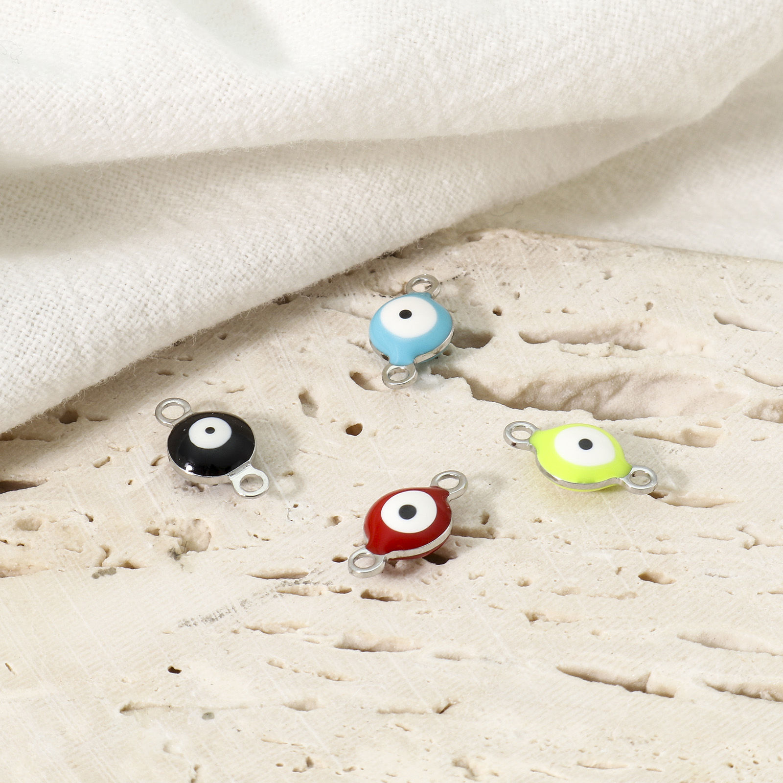 Picture of 304 Stainless Steel Religious Connectors Silver Tone Multicolor Round Evil Eye Double-sided Enamel 11mm x 6mm