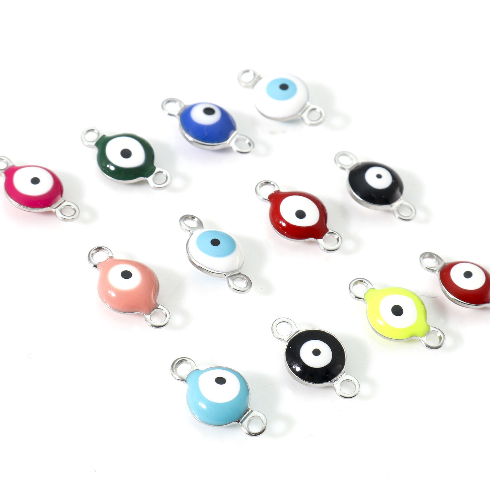 Picture of 304 Stainless Steel Religious Connectors Silver Tone Multicolor Round Evil Eye Double-sided Enamel 11mm x 6mm