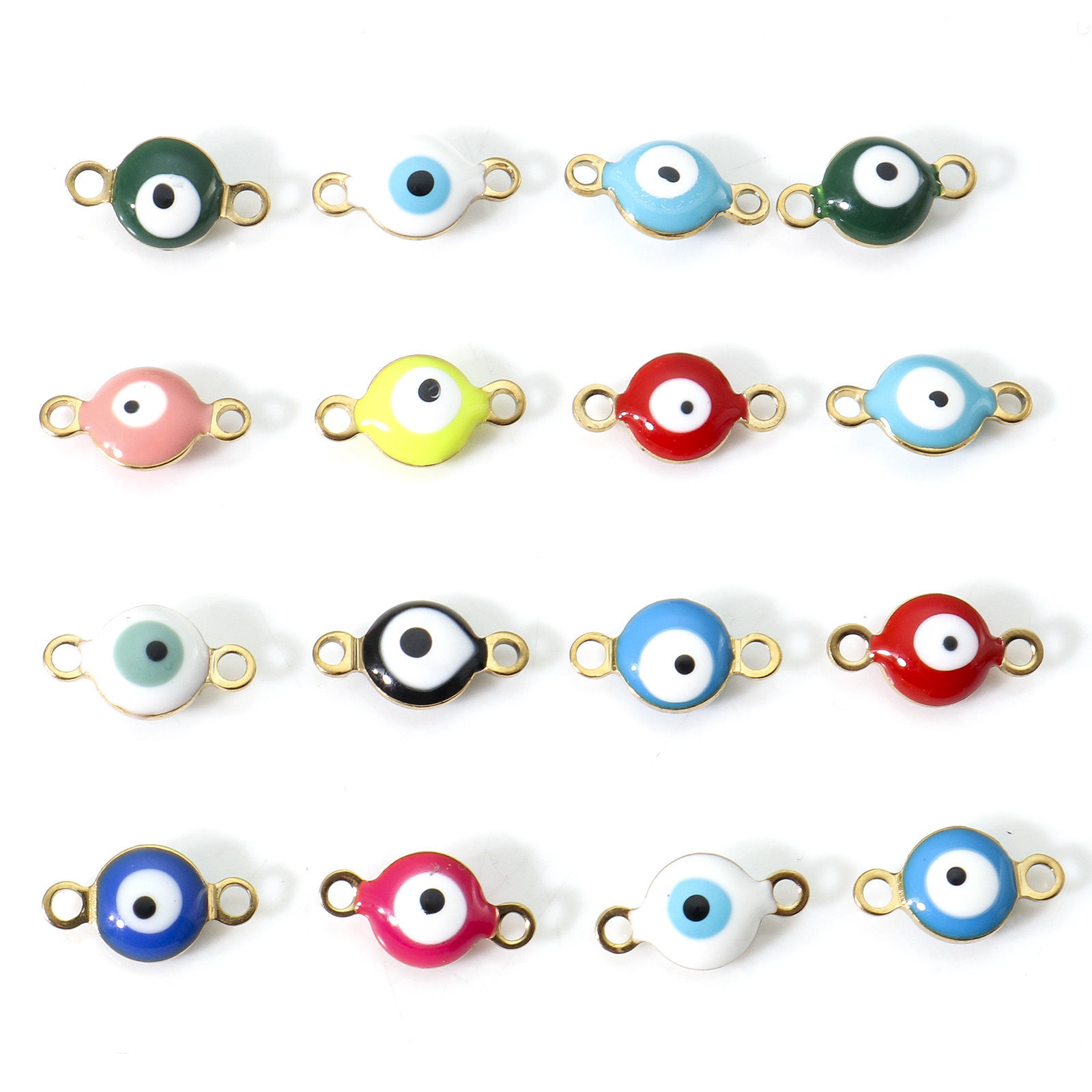 Picture of 10 PCs Vacuum Plating 304 Stainless Steel Religious Connectors Charms Pendants Gold Plated Multicolor Round Evil Eye Double-sided Enamel 11mm x 6mm