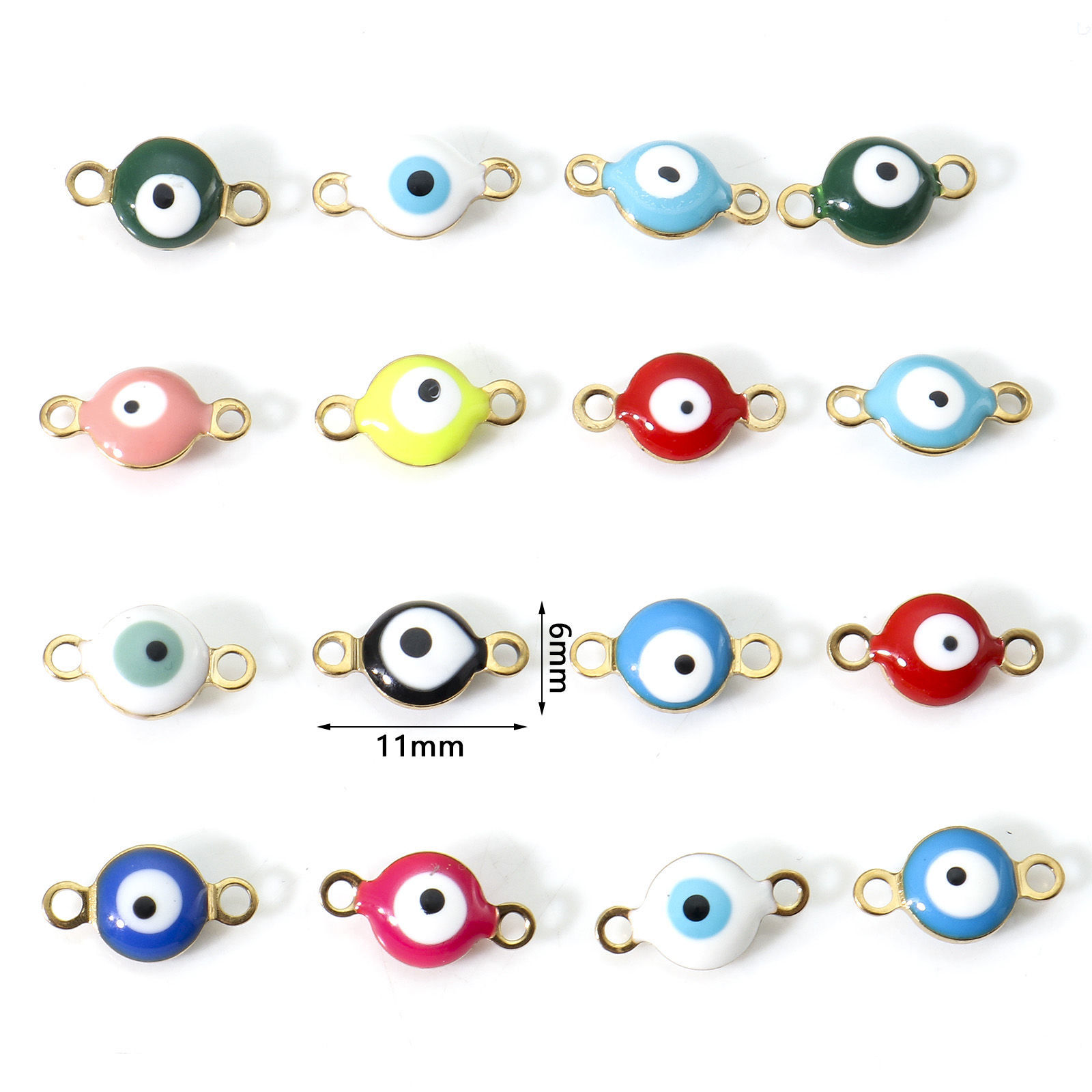 Picture of 10 PCs Vacuum Plating 304 Stainless Steel Religious Connectors Charms Pendants Gold Plated Multicolor Round Evil Eye Double-sided Enamel 11mm x 6mm