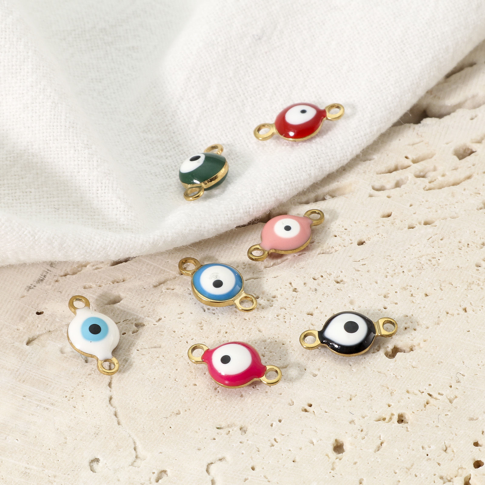 Picture of 10 PCs Vacuum Plating 304 Stainless Steel Religious Connectors Charms Pendants Gold Plated Multicolor Round Evil Eye Double-sided Enamel 11mm x 6mm