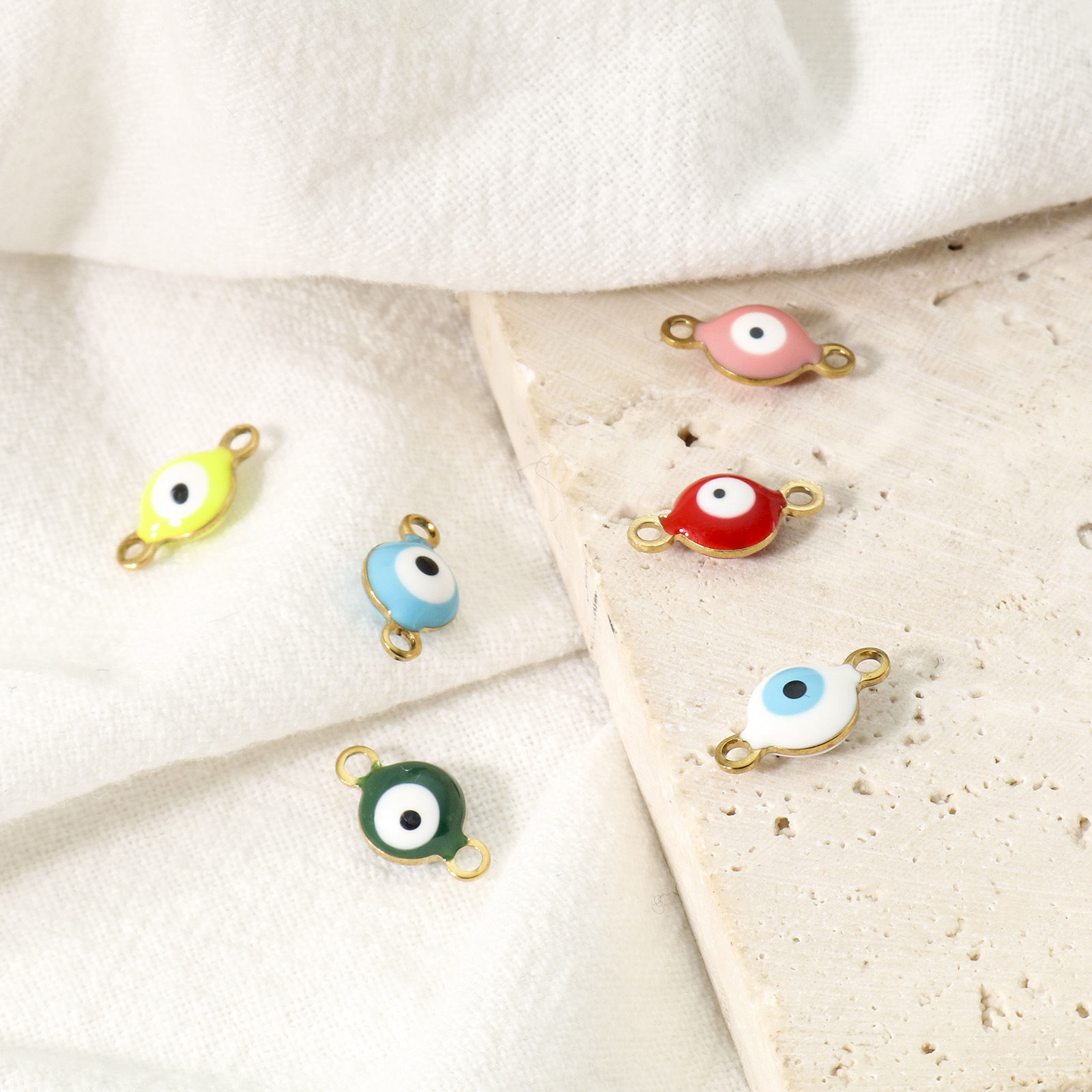 Picture of 10 PCs Vacuum Plating 304 Stainless Steel Religious Connectors Charms Pendants Gold Plated Multicolor Round Evil Eye Double-sided Enamel 11mm x 6mm
