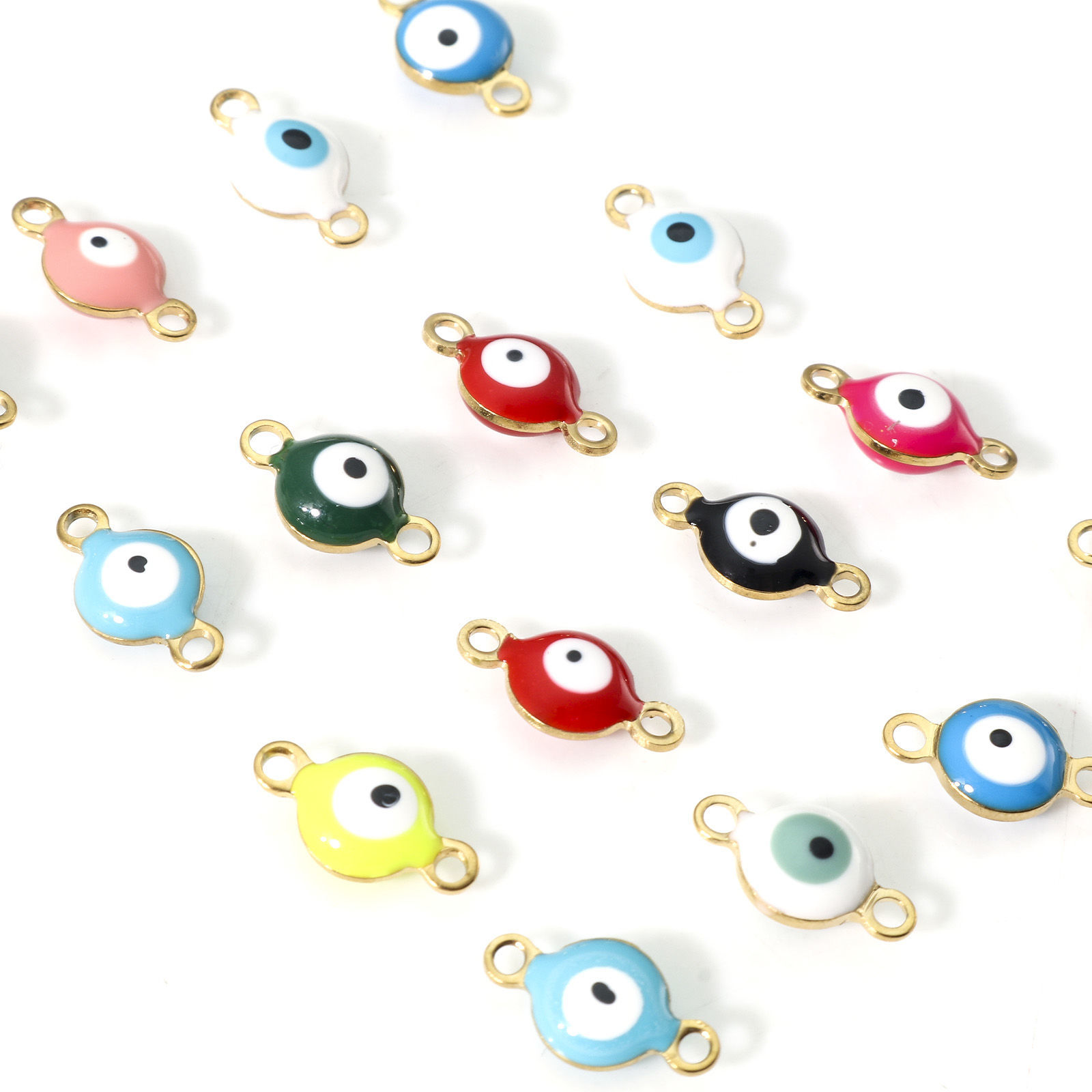 Picture of 10 PCs Vacuum Plating 304 Stainless Steel Religious Connectors Charms Pendants Gold Plated Multicolor Round Evil Eye Double-sided Enamel 11mm x 6mm