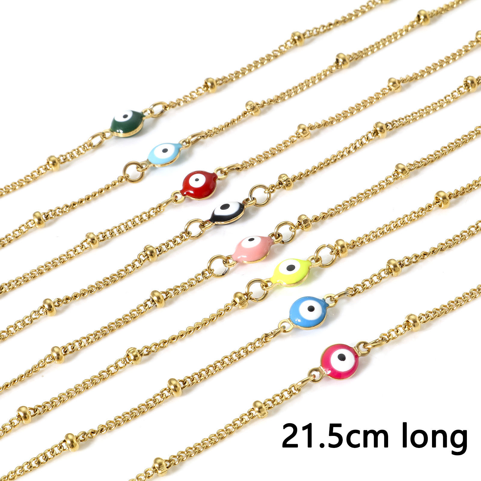 Picture of 1 Piece Vacuum Plating 304 Stainless Steel Religious Curb Link Chain Anklet Gold Plated Multicolor Double-sided Enamel Round Evil Eye 21.5cm(8 4/8") long