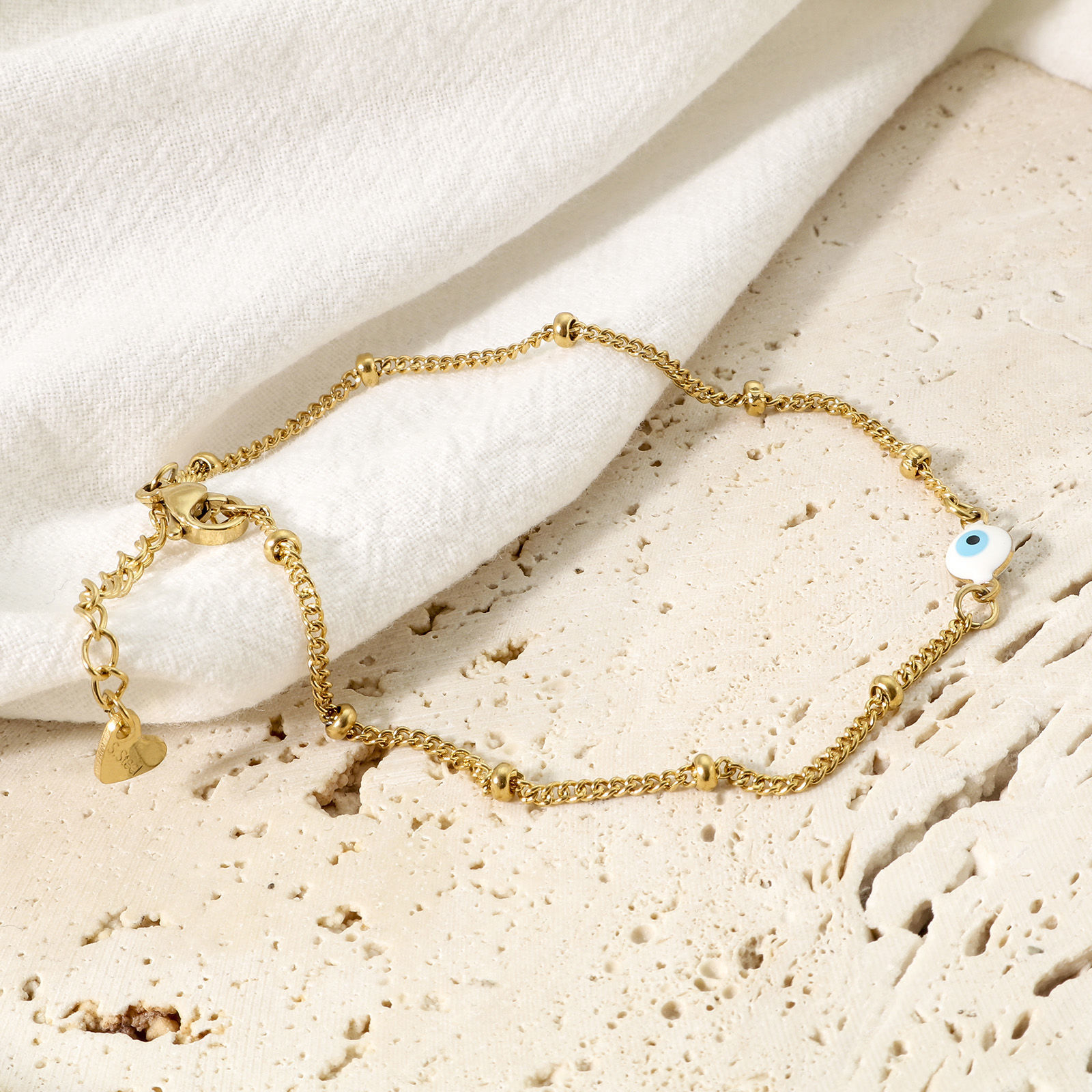 Picture of 1 Piece Vacuum Plating 304 Stainless Steel Religious Curb Link Chain Anklet Gold Plated Multicolor Double-sided Enamel Round Evil Eye 21.5cm(8 4/8") long