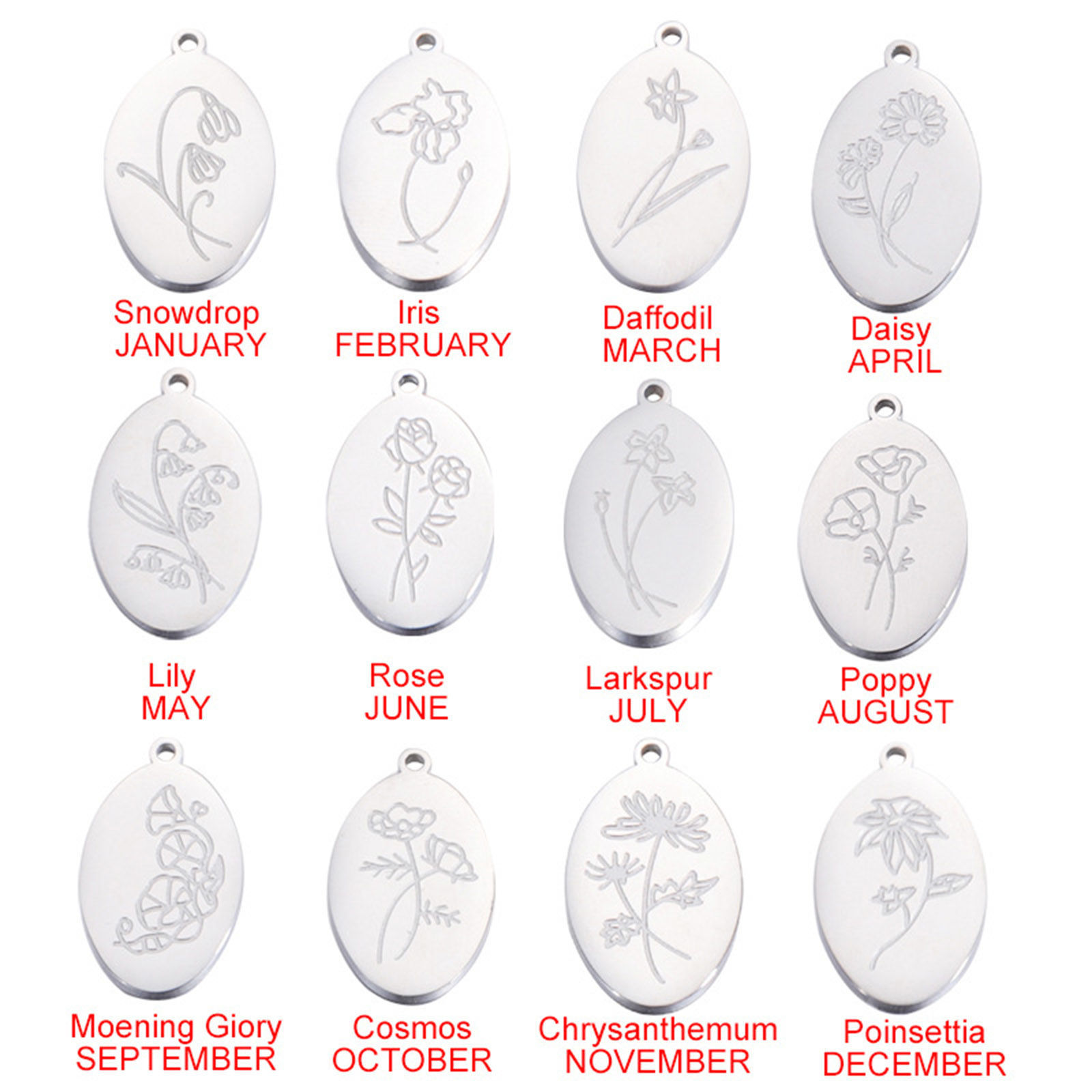Picture of Eco-friendly 304 Stainless Steel Birth Month Flower Charms Silver Tone Oval Mirror 22mm x 14mm