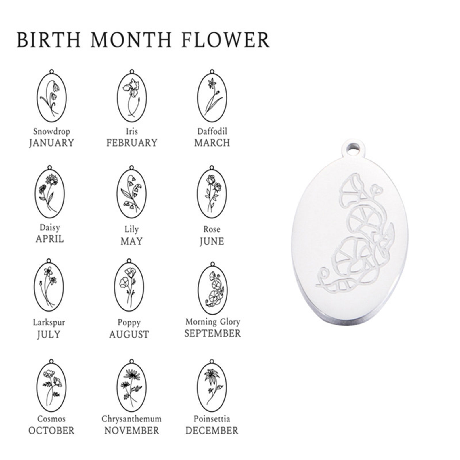 Picture of Eco-friendly 304 Stainless Steel Birth Month Flower Charms Silver Tone Oval Mirror 22mm x 14mm