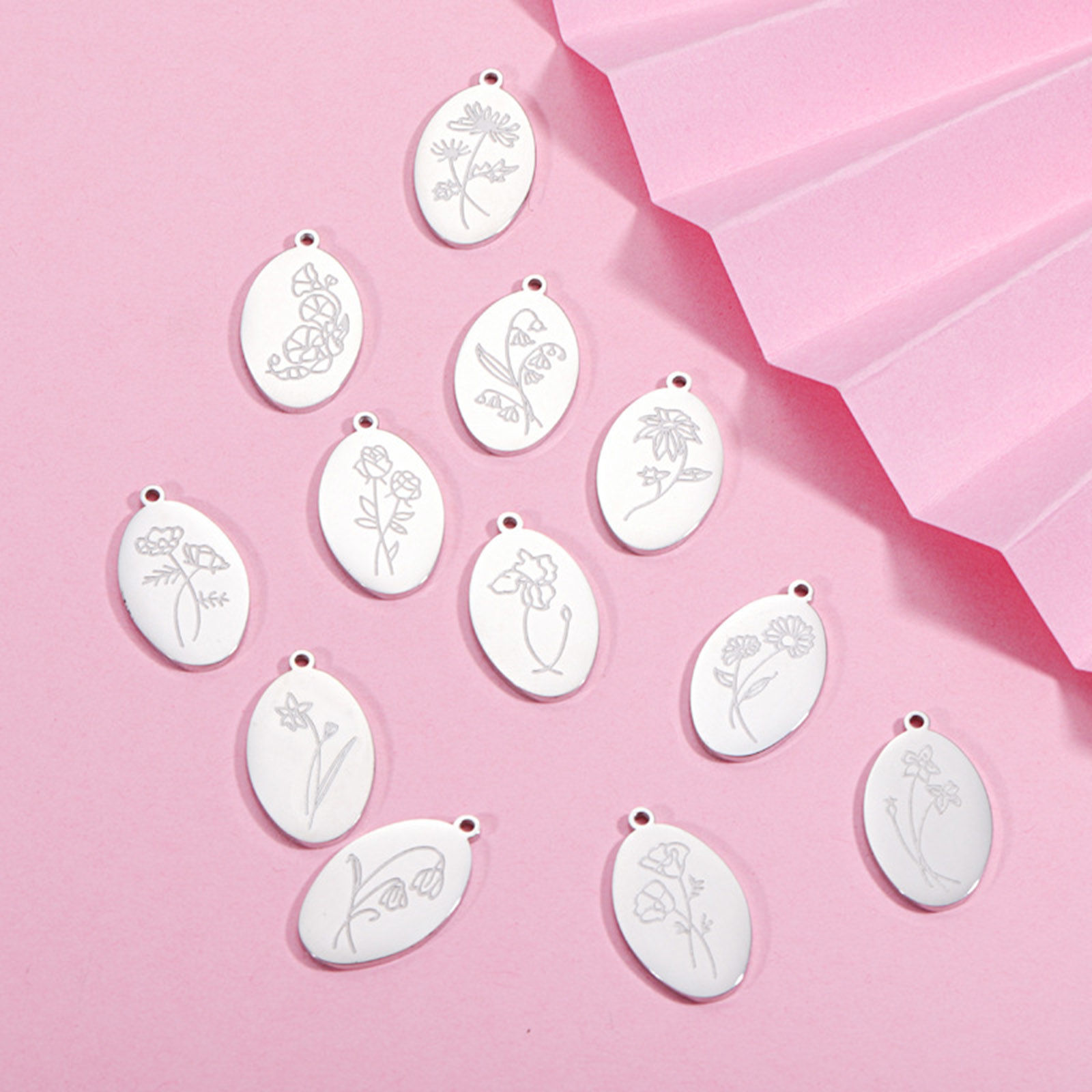Picture of Eco-friendly 304 Stainless Steel Birth Month Flower Charms Silver Tone Oval Mirror 22mm x 14mm