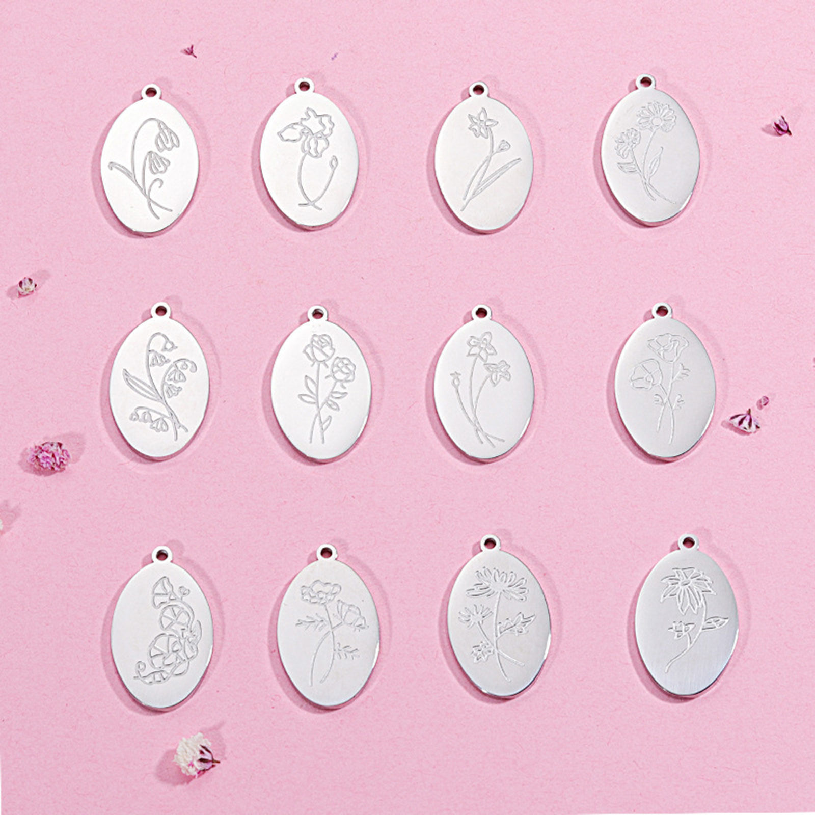 Picture of Eco-friendly 304 Stainless Steel Birth Month Flower Charms Silver Tone Oval Mirror 22mm x 14mm