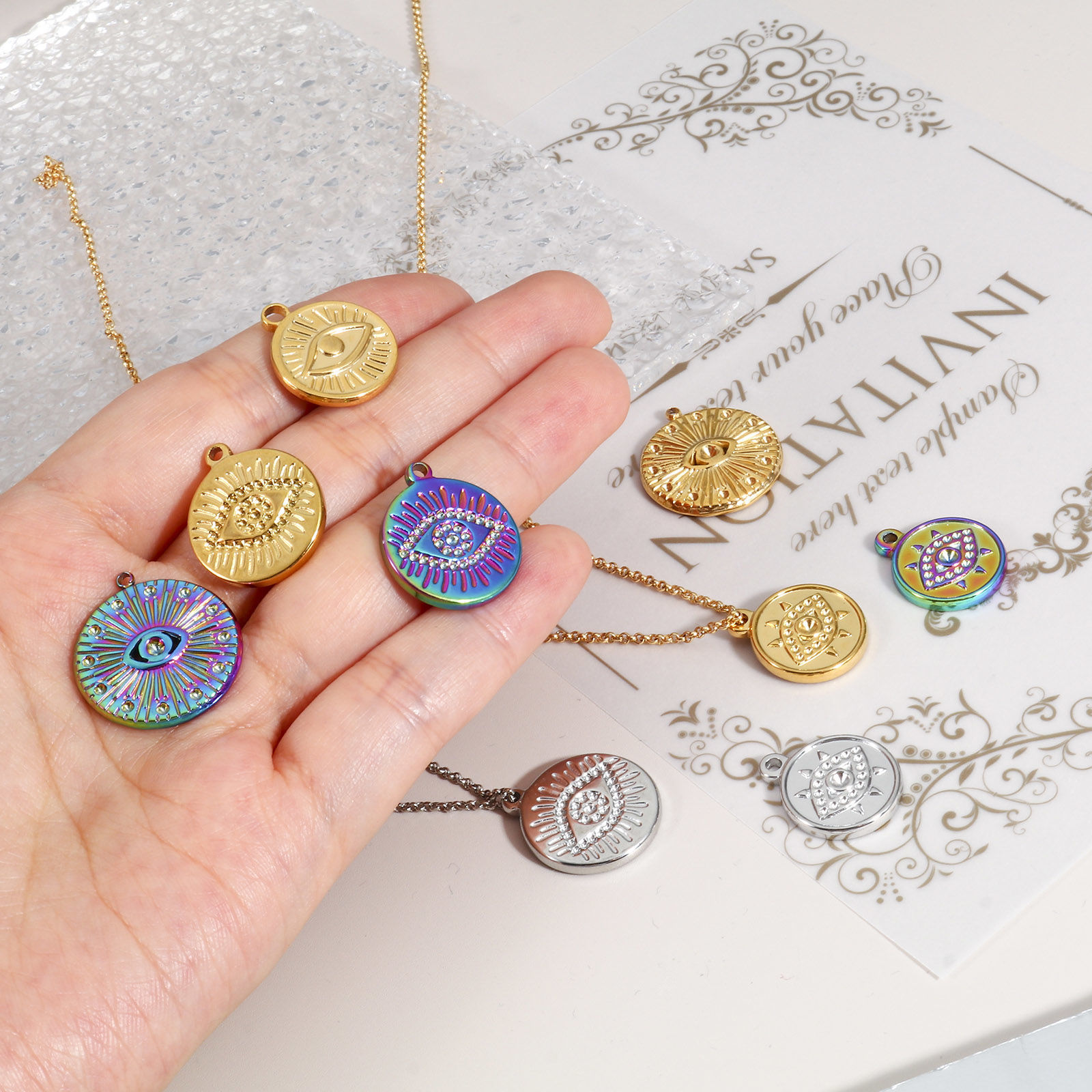 Picture of Eco-friendly Vacuum Plating 304 Stainless Steel Religious Charms Multicolor Round Eye of Providence/ All-seeing Eye