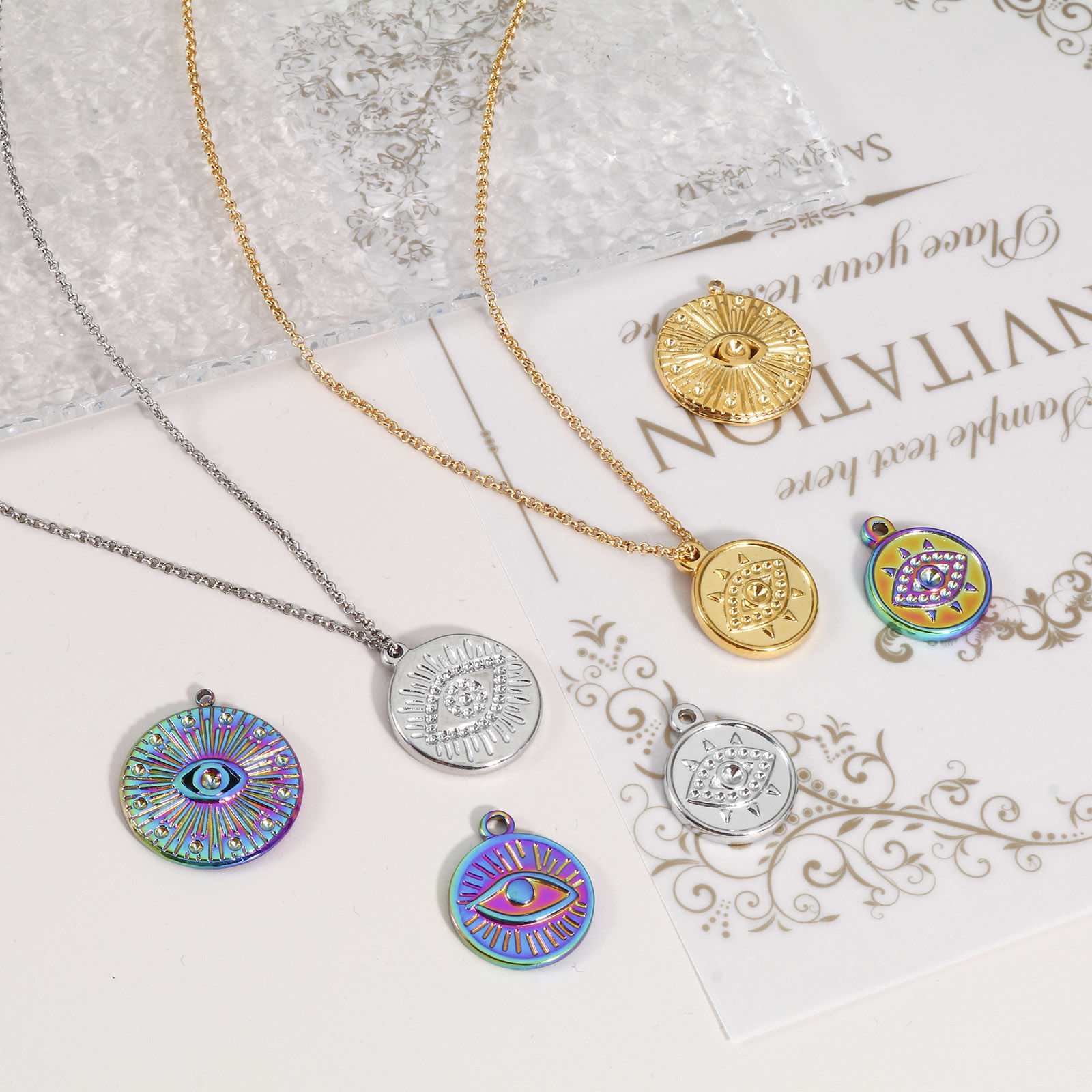 Picture of Eco-friendly Vacuum Plating 304 Stainless Steel Religious Charms Multicolor Round Eye of Providence/ All-seeing Eye