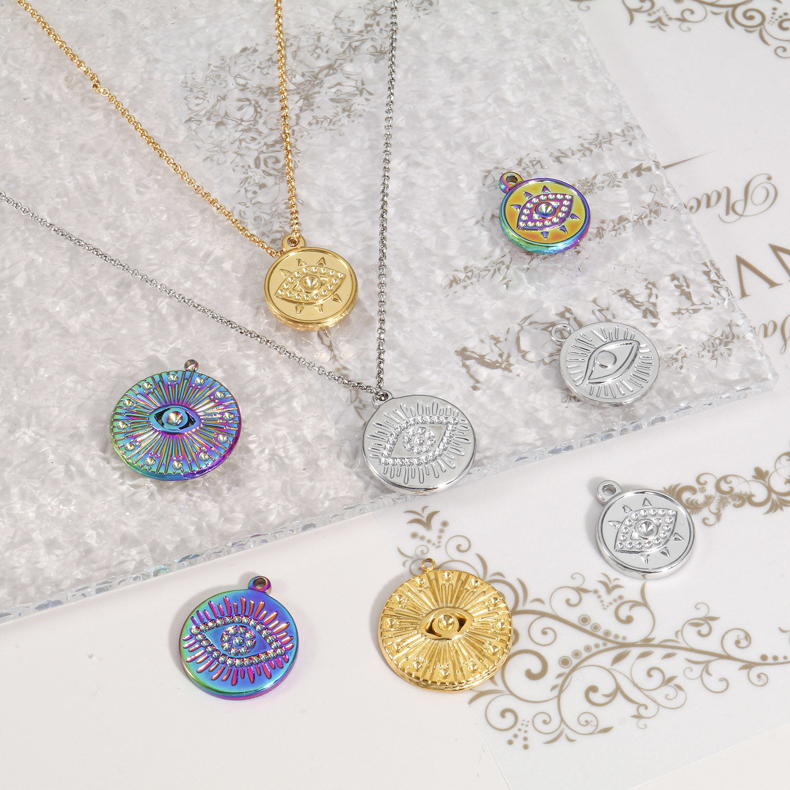 Picture of Eco-friendly Vacuum Plating 304 Stainless Steel Religious Charms Multicolor Round Eye of Providence/ All-seeing Eye