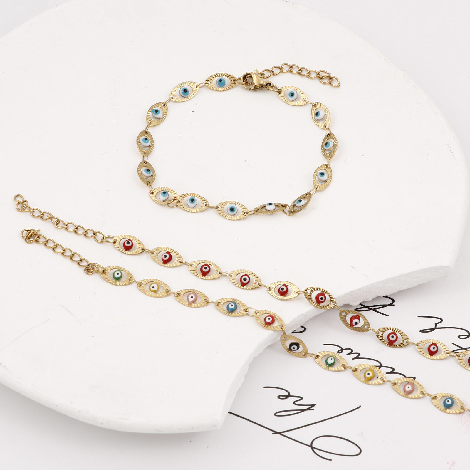 Picture of Eco-friendly Vacuum Plating 304 Stainless Steel Religious Handmade Link Chain Bracelets 18K Gold Plated Multicolor Evil Eye Enamel 17.5cm(6 7/8") long