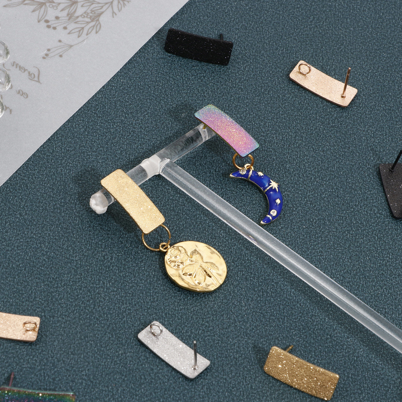 Picture of Eco-friendly Vacuum Plating 304 Stainless Steel Ear Post Stud Earring With Loop Connector Accessories Rectangle Multicolor Sparkledust 20mm x 8mm