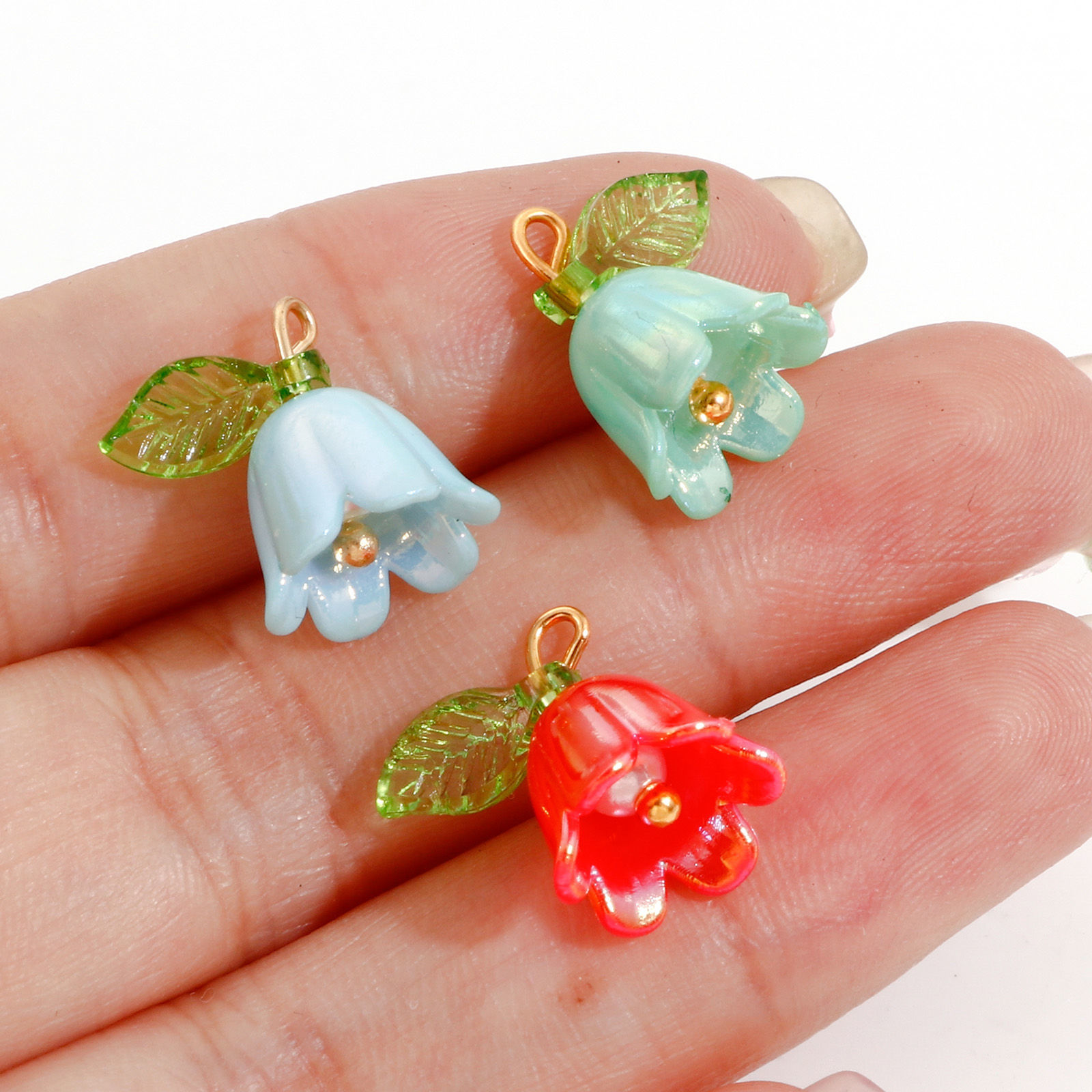 Picture of Zinc Based Alloy & Resin Charms Gold Plated Multicolor Flower Leaves Lily Of The Valley Flower 3D 14.5mm x 14mm