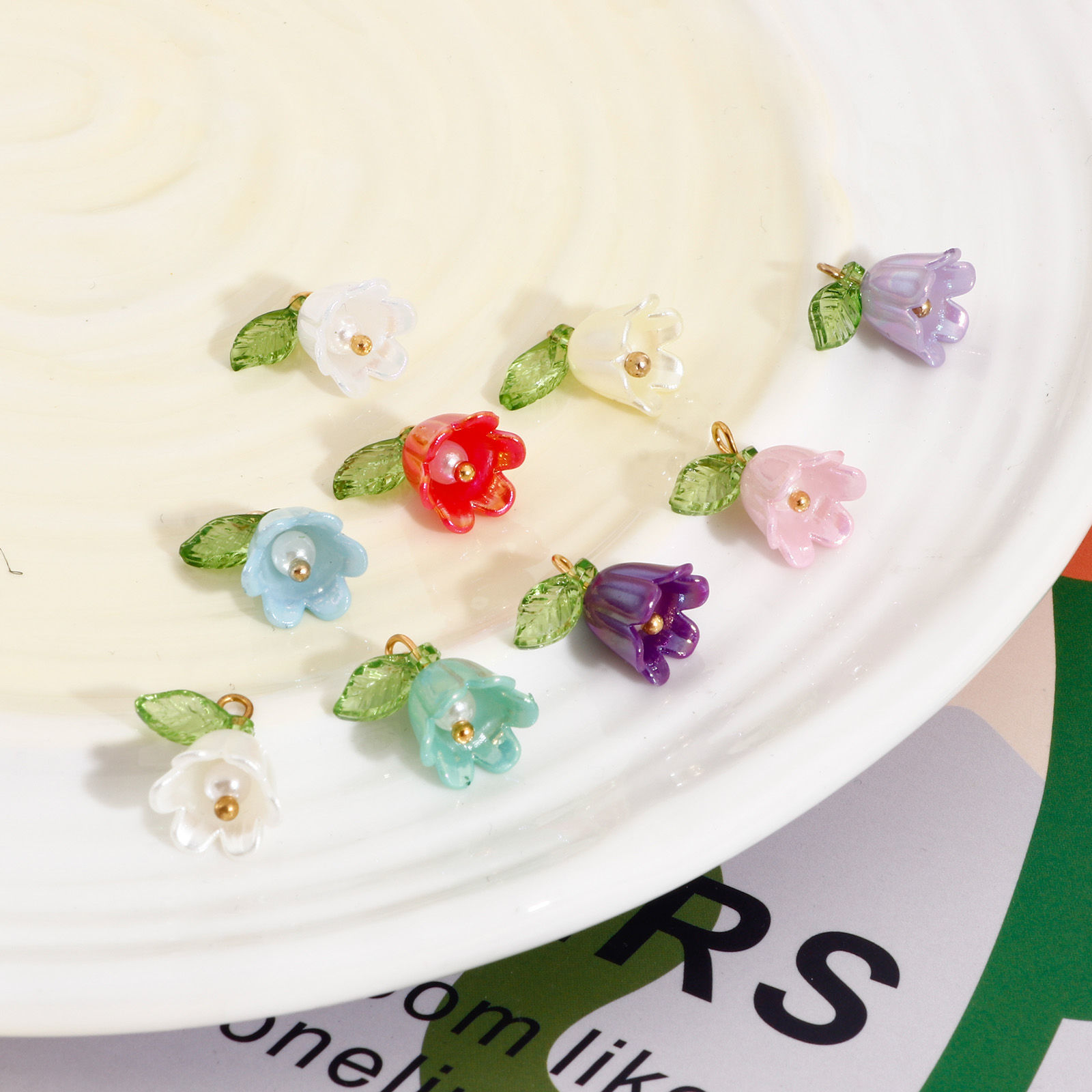Picture of Zinc Based Alloy & Resin Charms Gold Plated Multicolor Flower Leaves Lily Of The Valley Flower 3D 14.5mm x 14mm