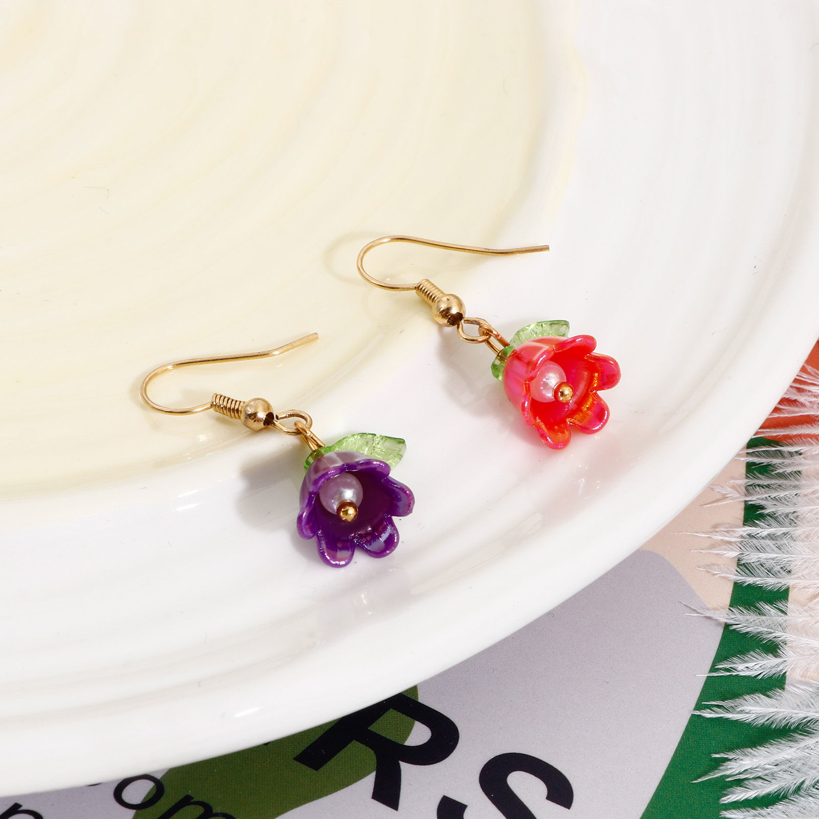 Picture of Zinc Based Alloy & Resin Charms Gold Plated Multicolor Flower Leaves Lily Of The Valley Flower 3D 14.5mm x 14mm