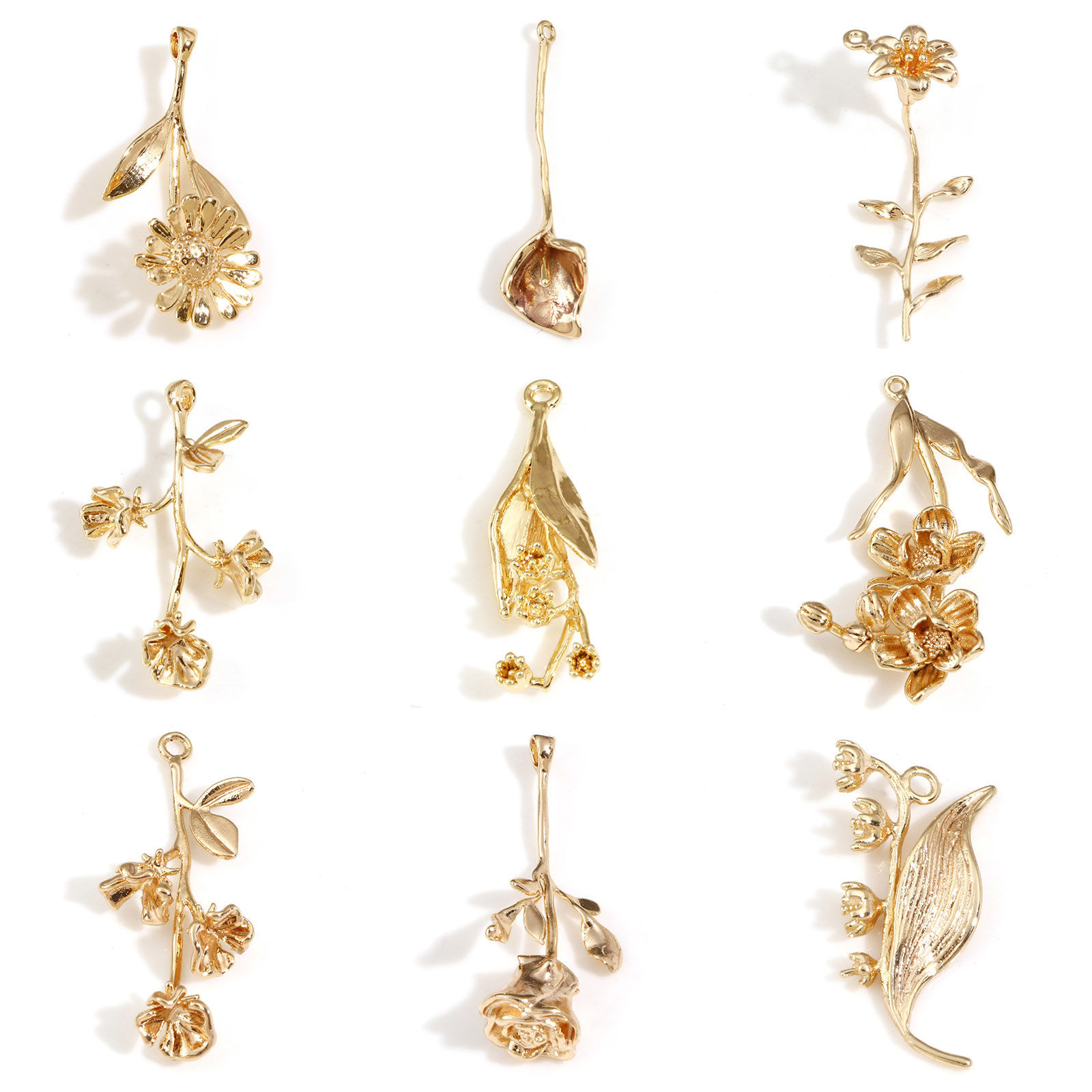 Imagen de Latón Colgantes Charms Flor Oro Real Chapado 3D 2 Unidades