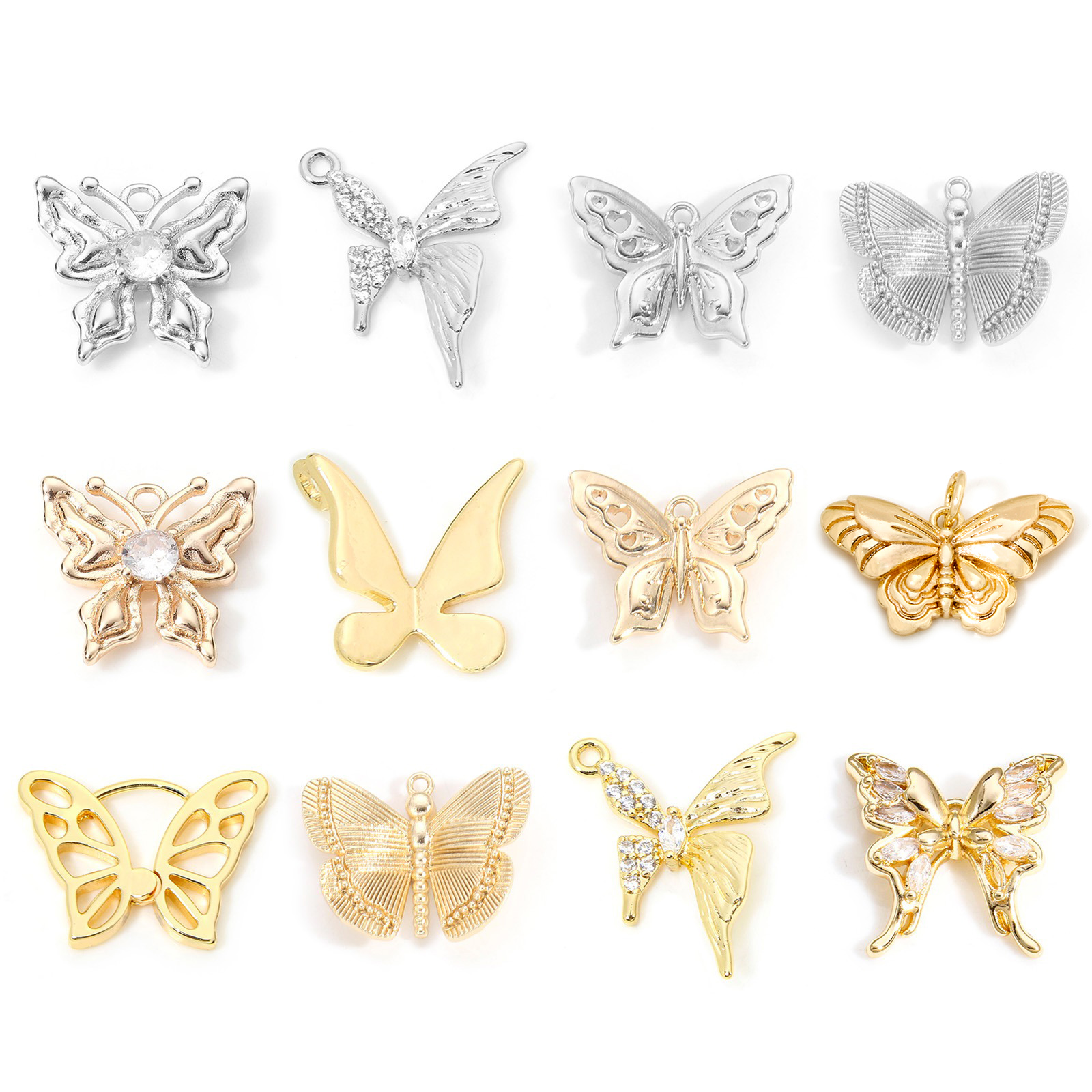 Picture of Brass Insect Charms Real Gold Plated Butterfly Animal Clear Cubic Zirconia 14mm x 13mm